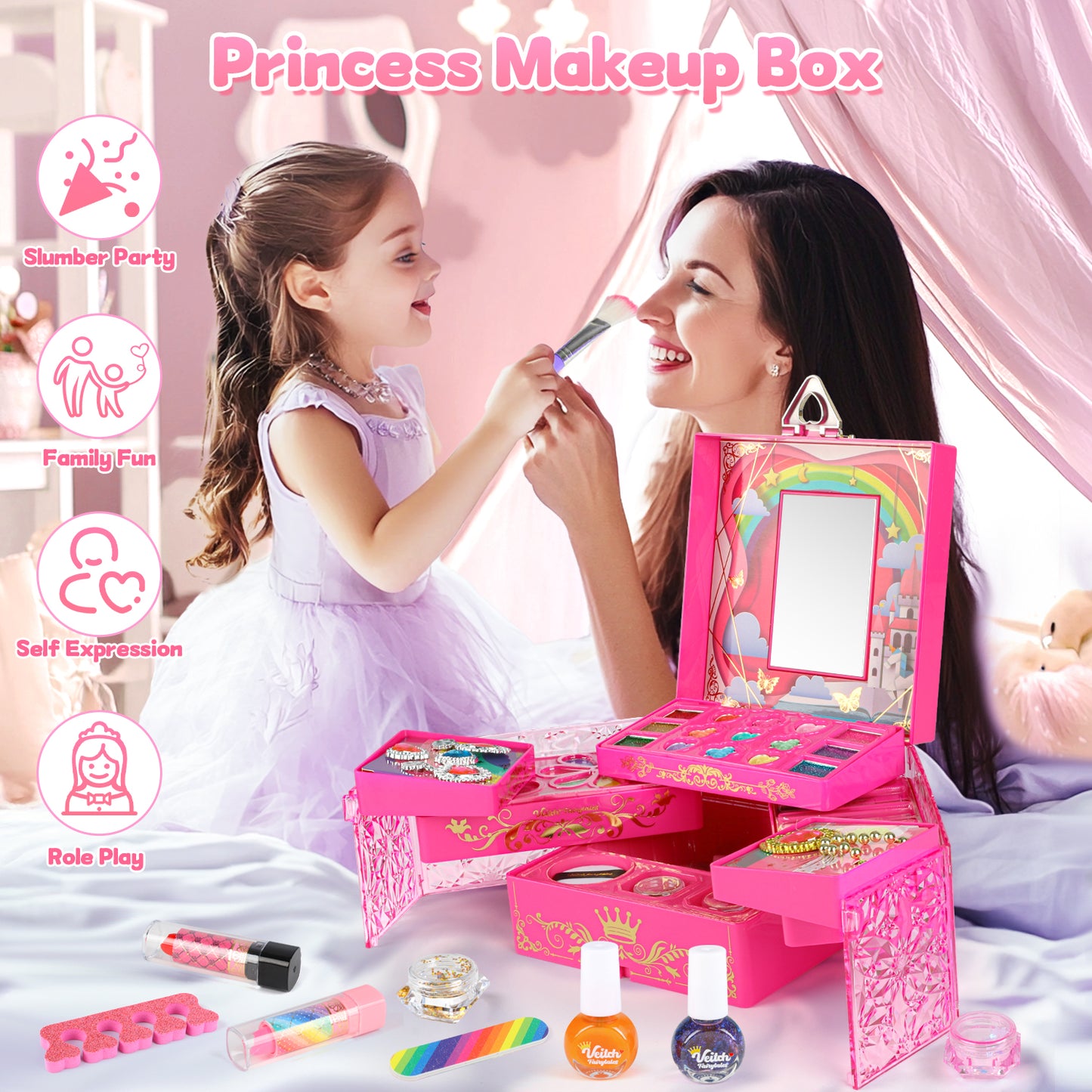 UUSUOO Kids Makeup Kit for Girls,46PCS Princess Toys Real Washable Cosmetic Set with Mirror,Non-Toxic Girls Makeup Kit,Girl Toys Christmas Birthday Gifts Toys for 3 4 5 6 7 8 9 10 Year Old Girls,Pink