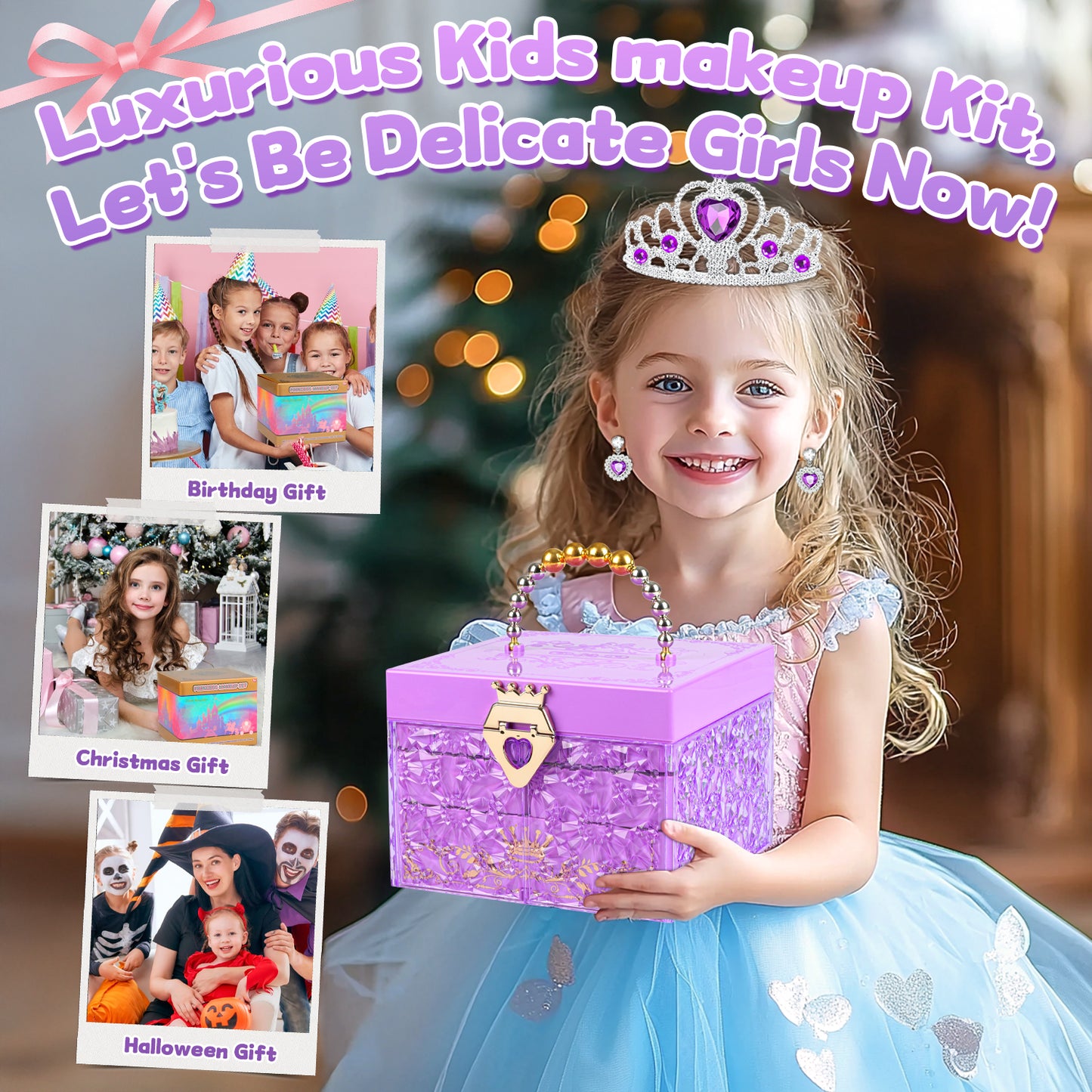 UUSUOO 46PCS Kids Makeup Kit for Girls,Real Washable Girls Makeup Kit for Kids,Non Toxic Pretend Play Cosmetic Set,Little Girls Princess Toys Gift for Christmas Birthday Aged 3 4 5 6 7 8 9 10,Purple