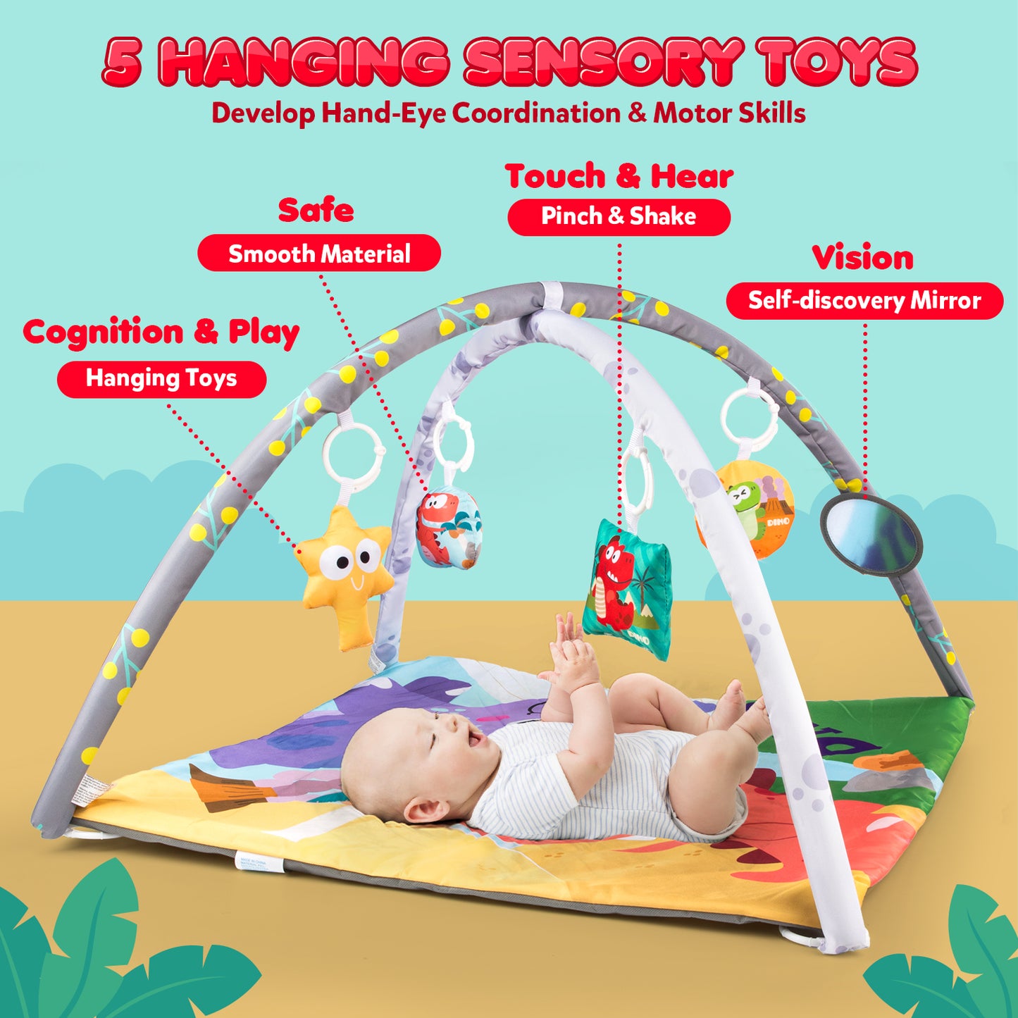 UUSUOO Baby Gym Play Mat,Tummy Time Mat With 5 Sensory Toys,Baby Activity Gym Mat for Visual, Hearing, Sensory,Motor Development,Christmas Gifts Baby Crawling Mat for Infant 0-3-6-9-12 Month