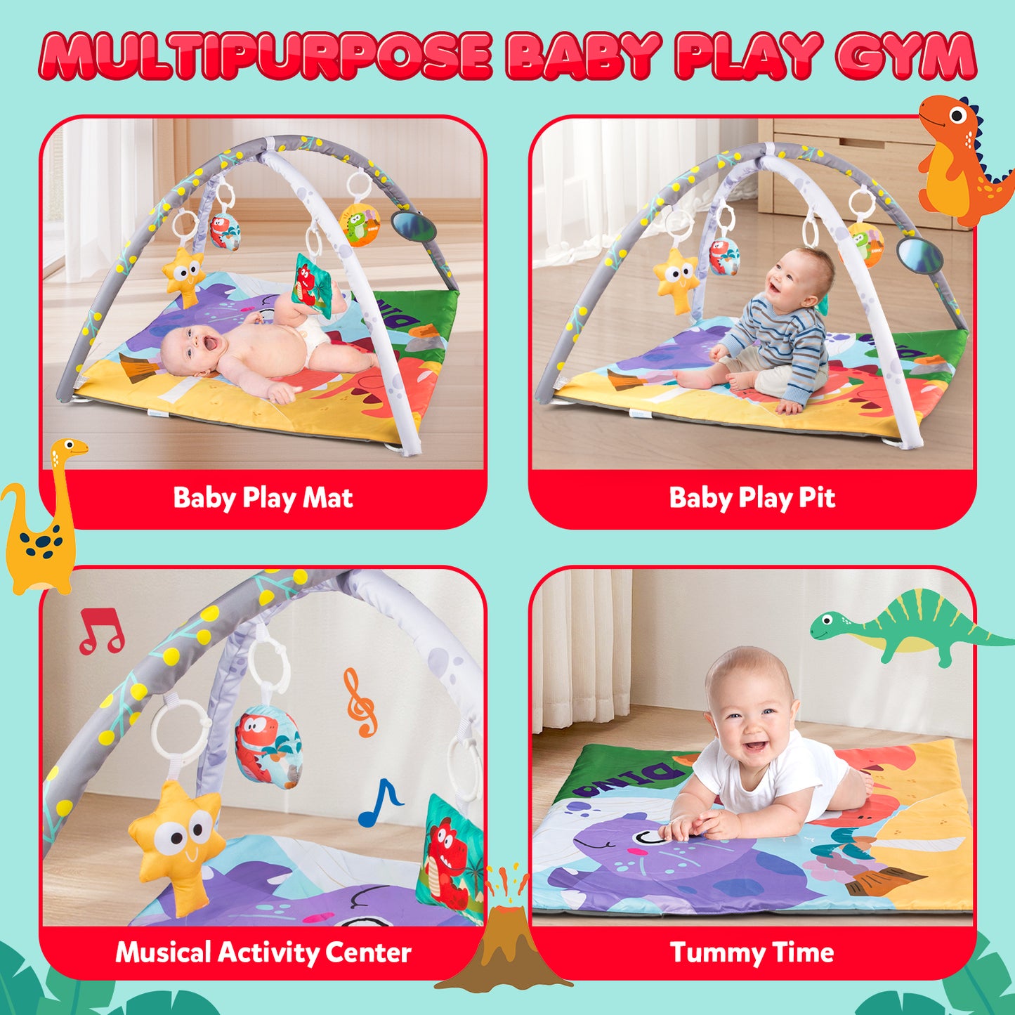 UUSUOO Baby Gym Play Mat,Tummy Time Mat With 5 Sensory Toys,Baby Activity Gym Mat for Visual, Hearing, Sensory,Motor Development,Christmas Gifts Baby Crawling Mat for Infant 0-3-6-9-12 Month