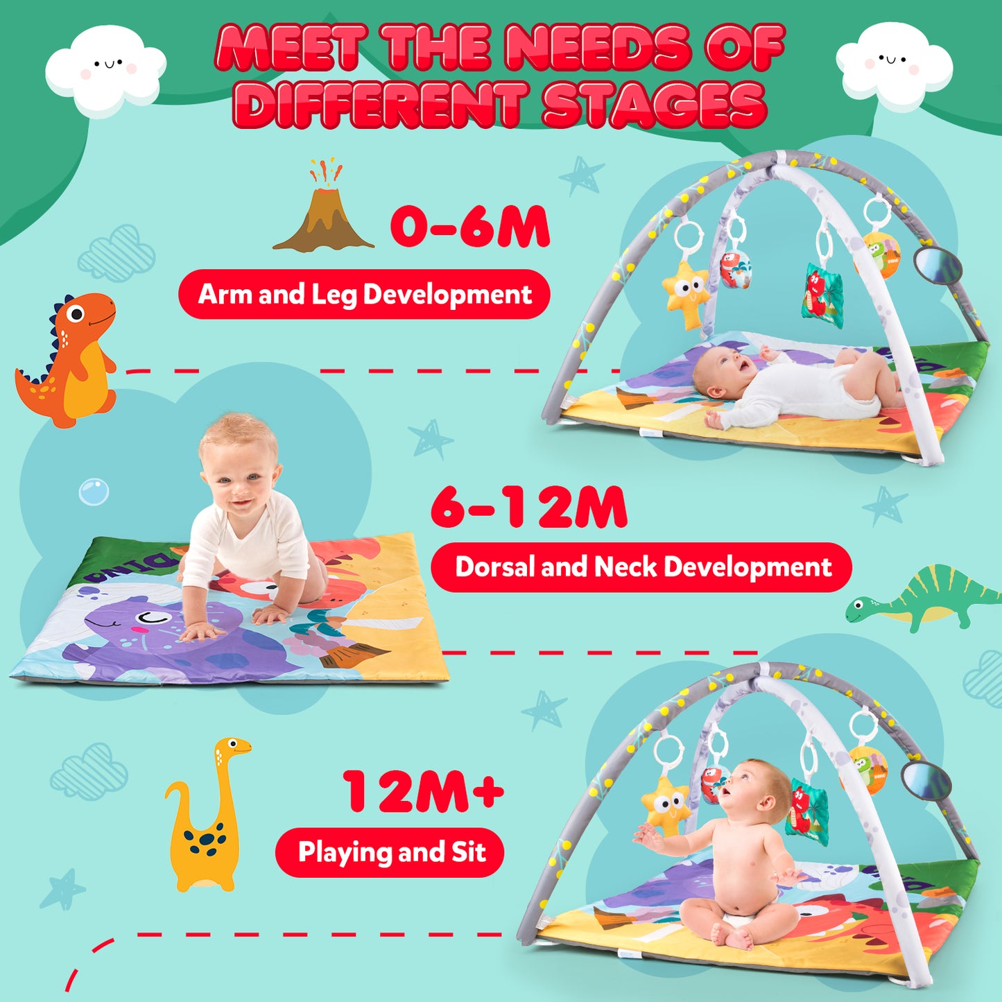 UUSUOO Baby Gym Play Mat,Tummy Time Mat With 5 Sensory Toys,Baby Activity Gym Mat for Visual, Hearing, Sensory,Motor Development,Christmas Gifts Baby Crawling Mat for Infant 0-3-6-9-12 Month