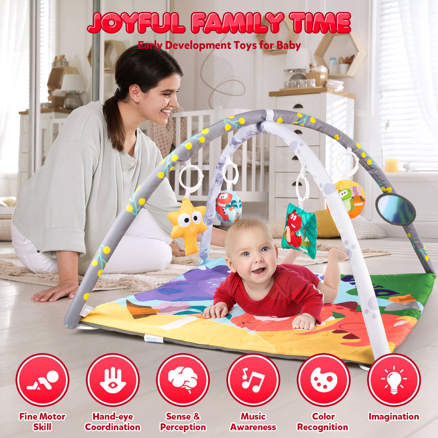 UUSUOO Baby Gym Play Mat,Tummy Time Mat With 5 Sensory Toys,Baby Activity Gym Mat for Visual, Hearing, Sensory,Motor Development,Christmas Gifts Baby Crawling Mat for Infant 0-3-6-9-12 Month