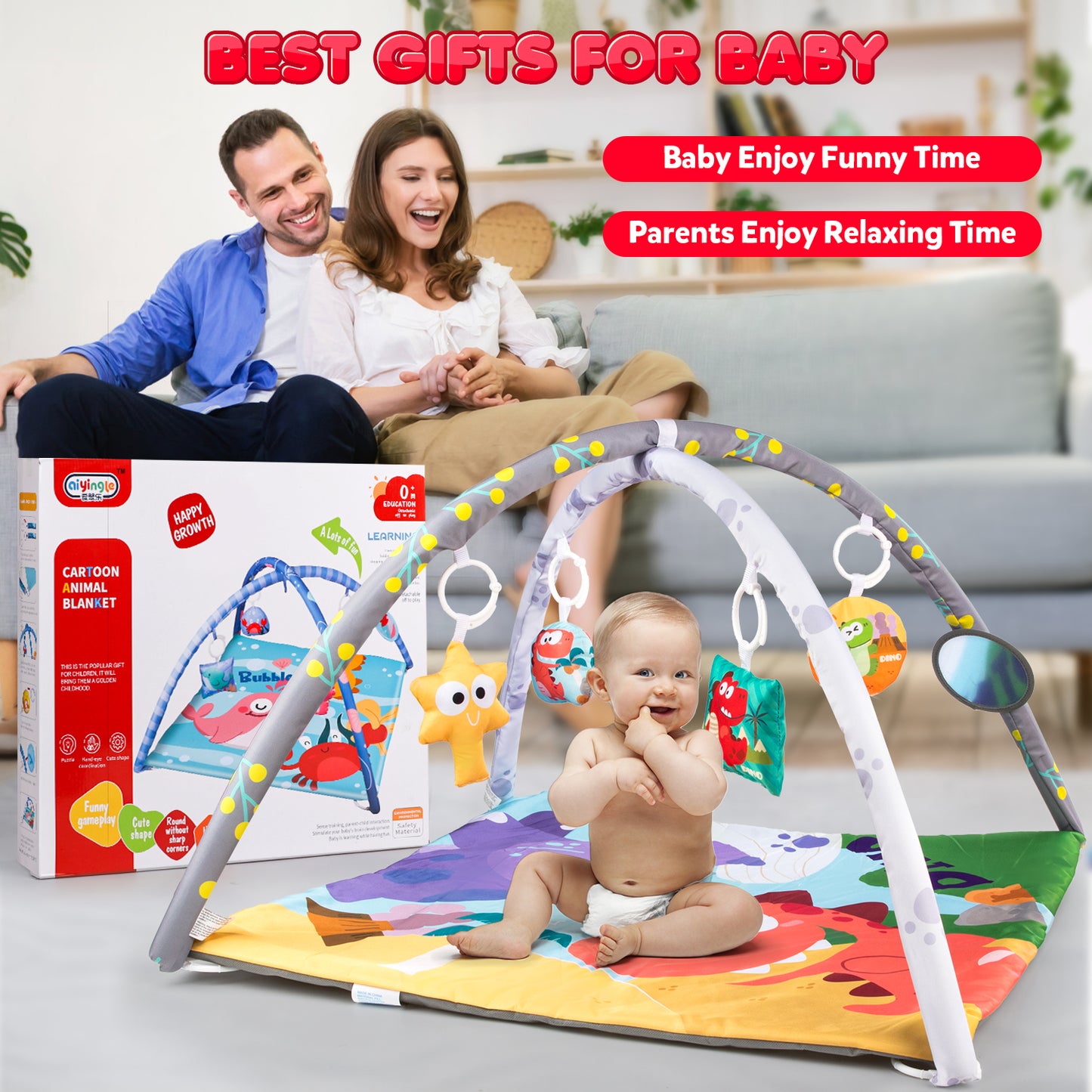 UUSUOO Baby Gym Play Mat,Tummy Time Mat With 5 Sensory Toys,Baby Activity Gym Mat for Visual, Hearing, Sensory,Motor Development,Christmas Gifts Baby Crawling Mat for Infant 0-3-6-9-12 Month