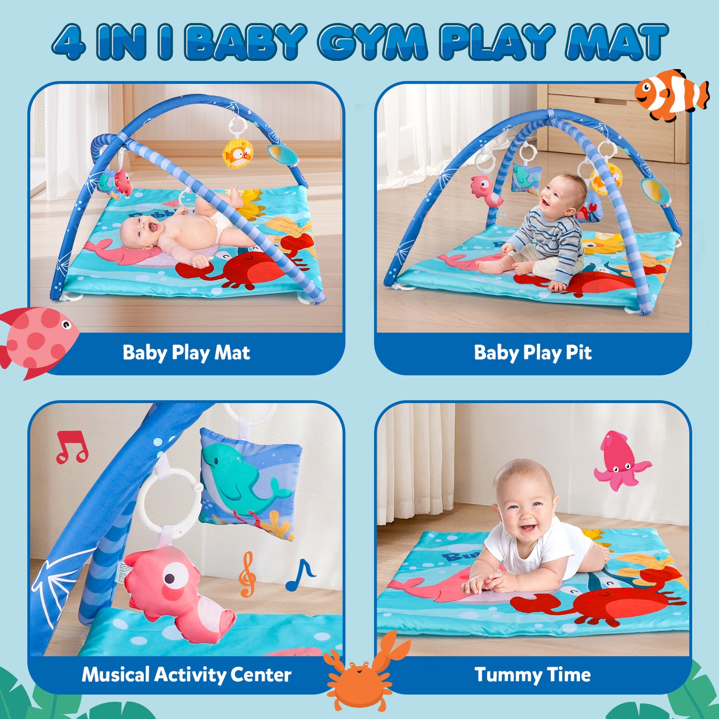 UUSUOO Baby Play Mat,Tummy Time Mat With 5 Sensory Toys,Baby Activity Gym Mat for Visual, Hearing, Sensory,Motor Development,Baby Toys Gifts for Toddler Infant 0-3-6-9-12 Month
