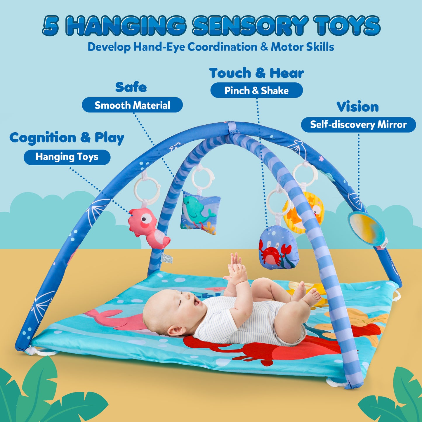 UUSUOO Baby Play Mat,Tummy Time Mat With 5 Sensory Toys,Baby Activity Gym Mat for Visual, Hearing, Sensory,Motor Development,Baby Toys Gifts for Toddler Infant 0-3-6-9-12 Month