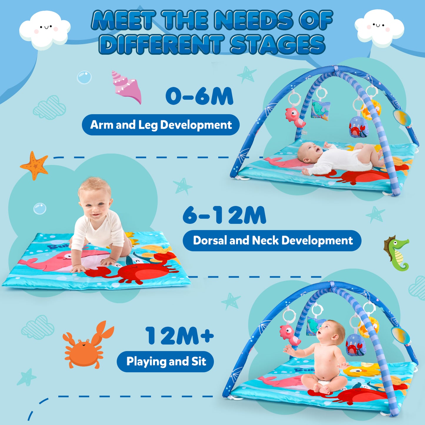 UUSUOO Baby Play Mat,Tummy Time Mat With 5 Sensory Toys,Baby Activity Gym Mat for Visual, Hearing, Sensory,Motor Development,Baby Toys Gifts for Toddler Infant 0-3-6-9-12 Month