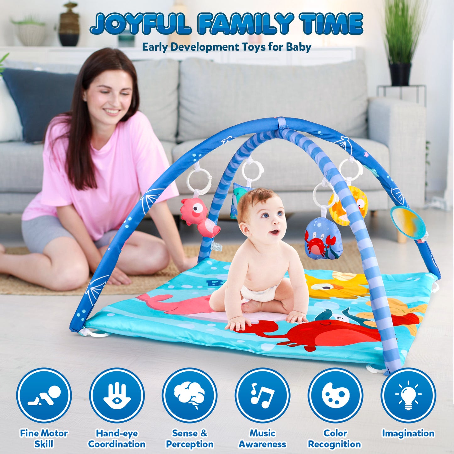 UUSUOO Baby Play Mat,Tummy Time Mat With 5 Sensory Toys,Baby Activity Gym Mat for Visual, Hearing, Sensory,Motor Development,Baby Toys Gifts for Toddler Infant 0-3-6-9-12 Month