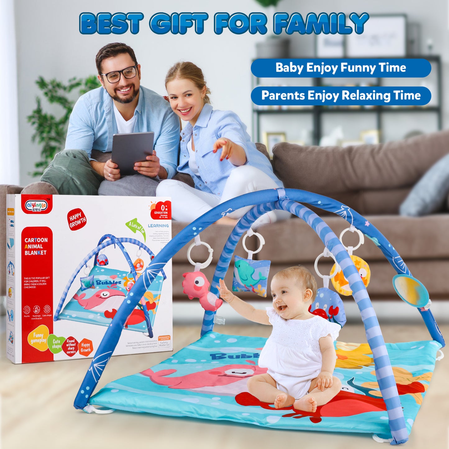 UUSUOO Baby Play Mat,Tummy Time Mat With 5 Sensory Toys,Baby Activity Gym Mat for Visual, Hearing, Sensory,Motor Development,Baby Toys Gifts for Toddler Infant 0-3-6-9-12 Month
