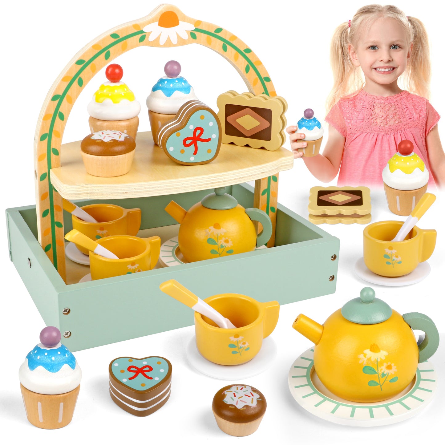 UUSUOO Wooden Tea Party Set for Girls,Pretend Play Tea Sets for Toddlers with Storage Cupcake Stand & Play Kitchen Accessories,Kids Wooden Toys for Girls,Perfect Christmas Gifts for Kids Girls 3-6