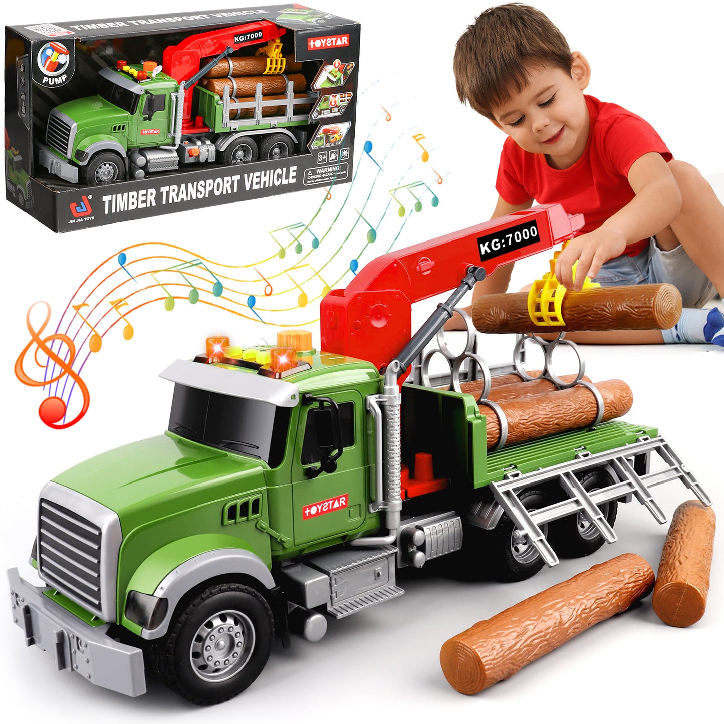 UUSUOO Toddler Trucks for Boys 3-6 Years,15" Large Boys Timber Truck with Loading Crane and 6 Trunks, Kids Truck Toys with Lights & Sounds,Christmas Birthday Gifts for 3 4 5 6 7 Boys Girls,Green