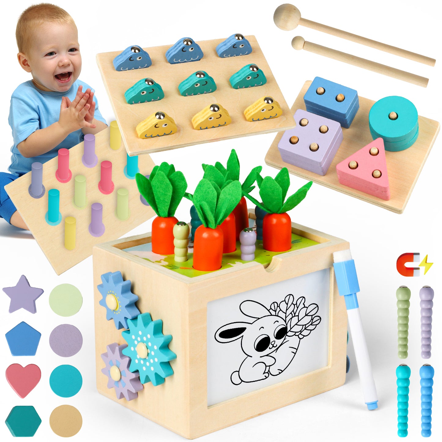 UUSUOO Wooden Montessori Baby Toys,10-in-1 Wooden Activity Cube with Fishing, Xylophone,Shape Sorting & Stacking,Learning Educational Baby Busy Toys Gift for 1 2 3 Year Old Boys & Girls