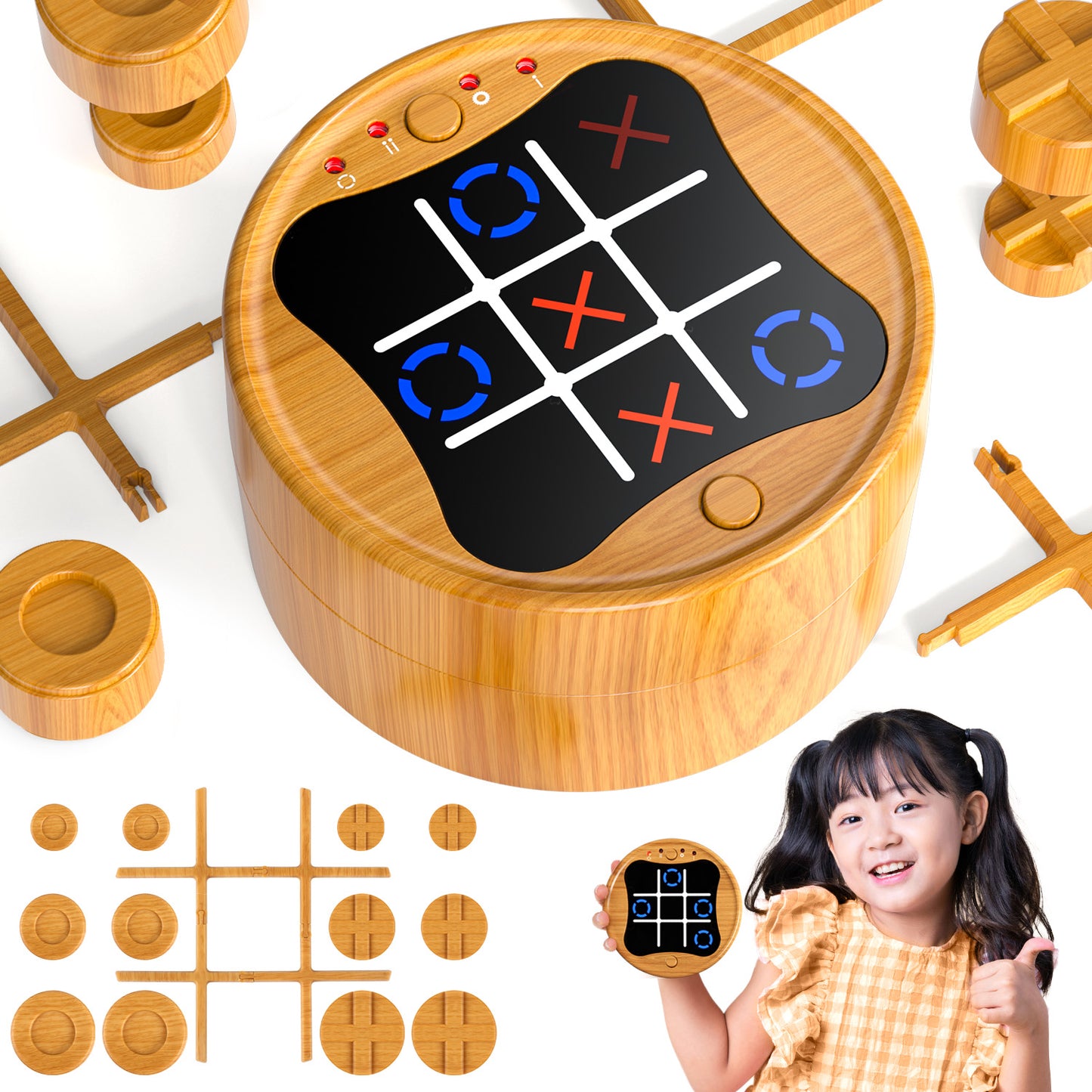 UUSUOO Tic Tac Toe Game,3-in-1 Electronic Handheld Games Console for Kids Memory Growth,Portable Puzzle Travel Games,Board Games for Kids 5-7,Christmas Birthday Gifts for Kids 3 4 5 6+,Wooden
