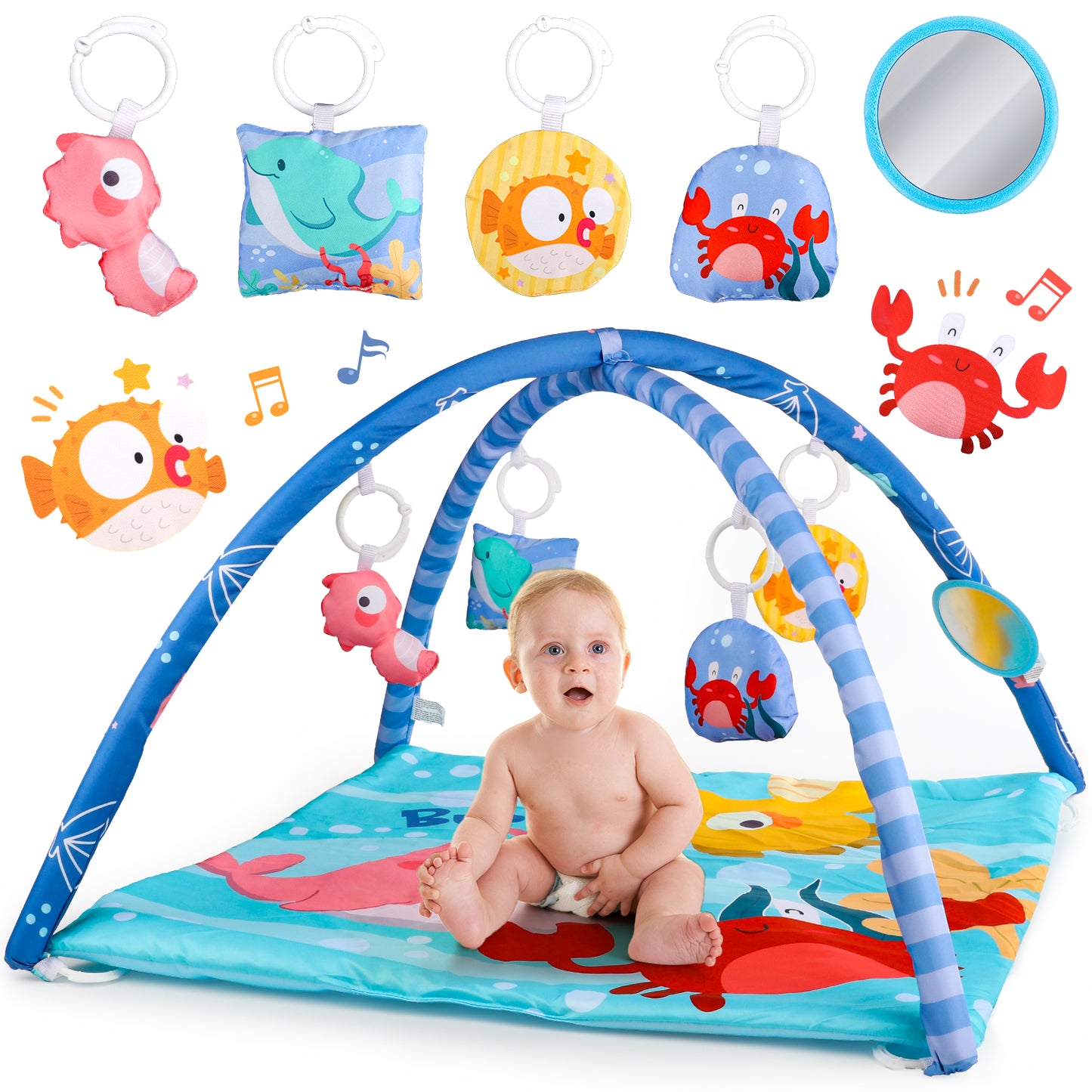 UUSUOO Baby Play Mat,Tummy Time Mat With 5 Sensory Toys,Baby Activity Gym Mat for Visual, Hearing, Sensory,Motor Development,Baby Toys Gifts for Toddler Infant 0-3-6-9-12 Month