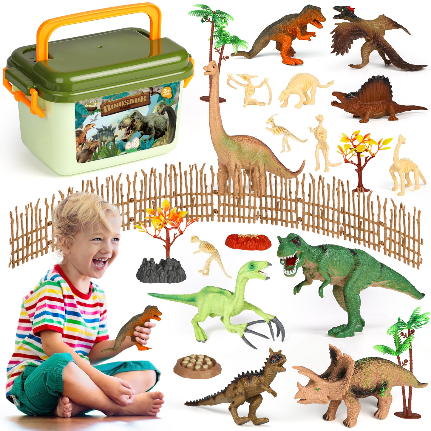 UUSUOO Dinosaur Figures Toys Set for Kids,Dinosaur Play Sets with Storage Box, Dinosaur fossils,Dinosaur eggs,Trees,Dinosaur Toys for Boys 3-6 Years,Christmas Birthday Gifts for Kids Aged 3-12