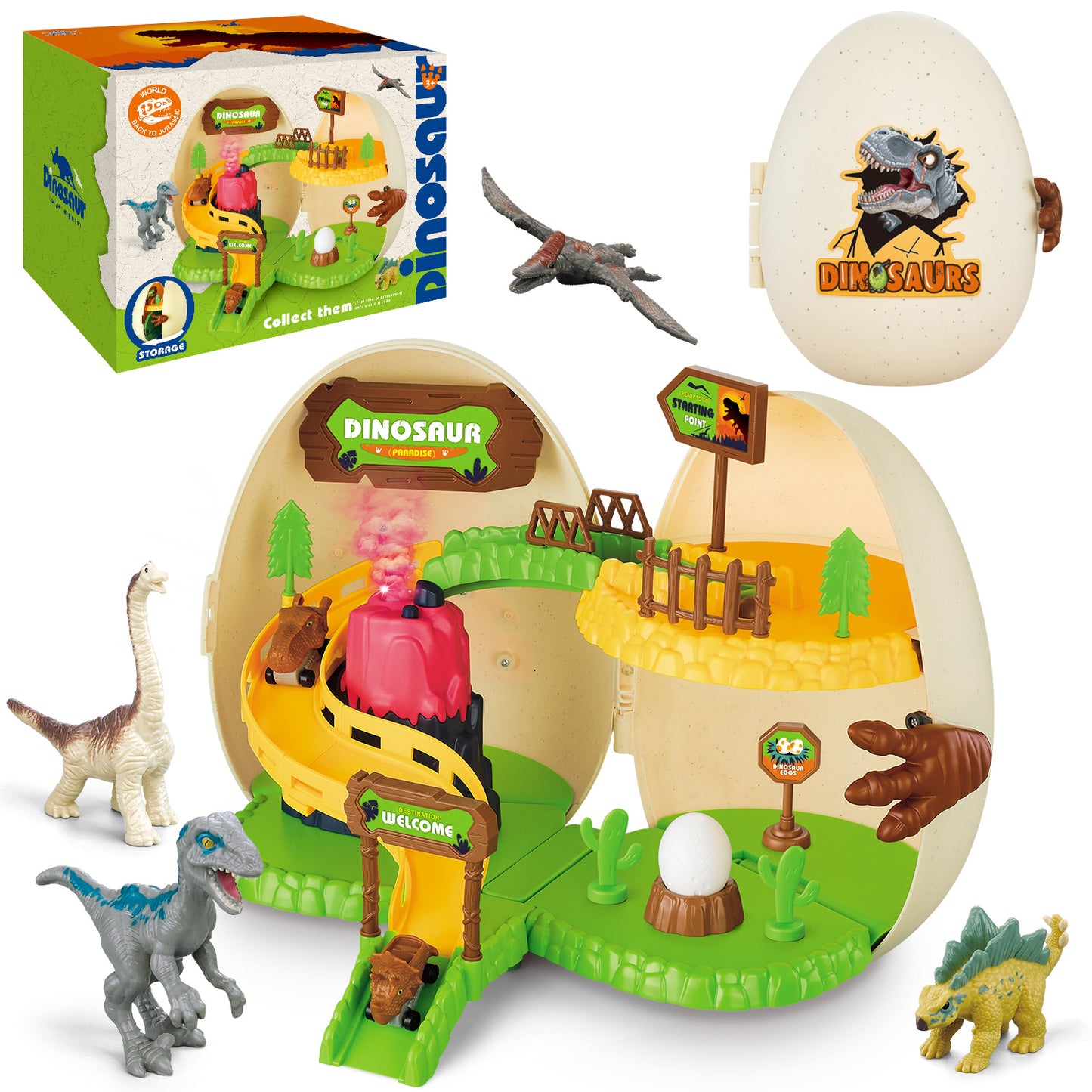 UUSUOO Dinosaur Toys for Boys 3-6 Years,Dinosaur Egg Amusement Park with Dinosaur Figure Toys & Dinosaur Cars,Volcano,Easter Dinosaur Eggs,Interactive Set of Dino Toys, Christmas Gifts for Kids