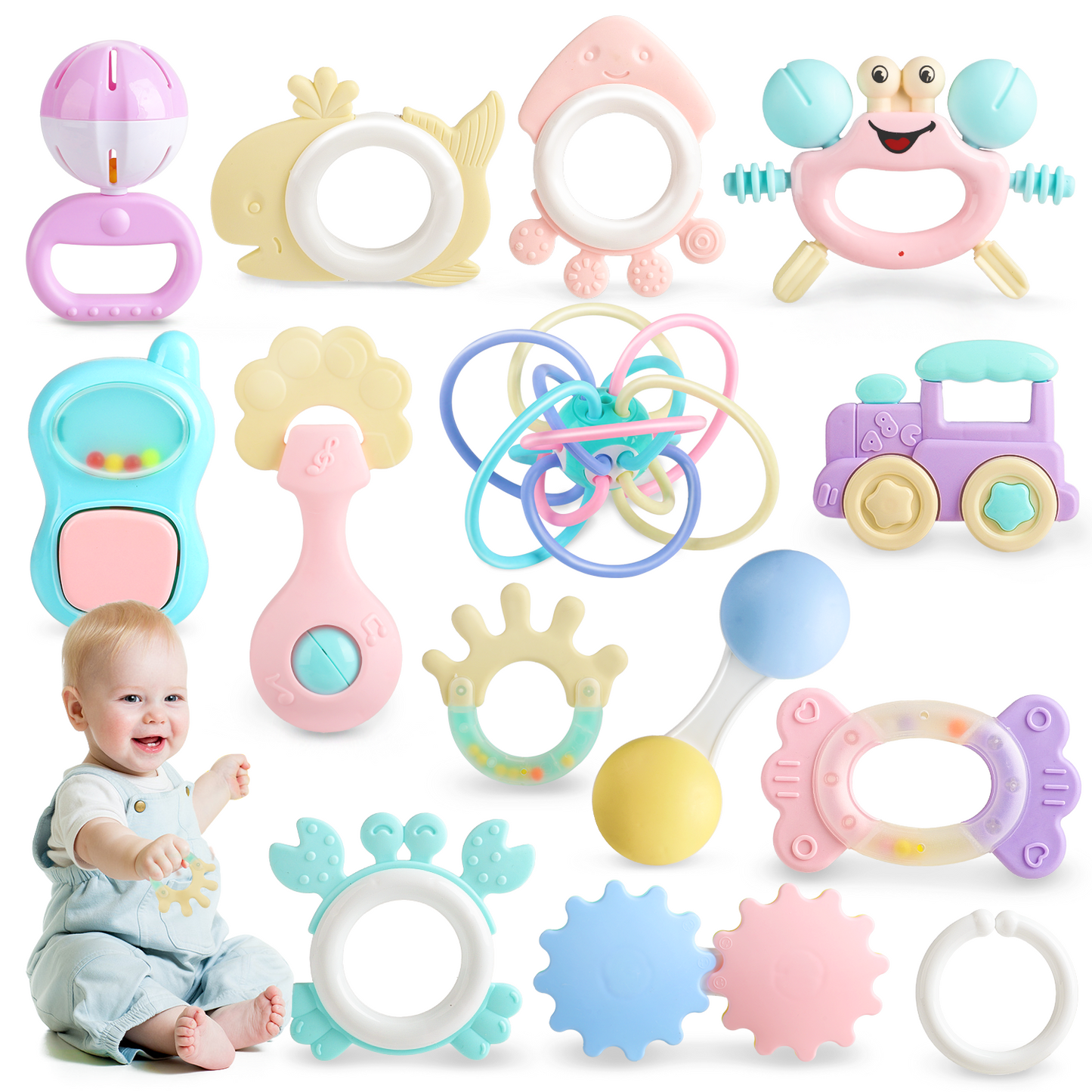 UUSUOO Baby Rattle Toys,15 PCS Baby Toys for 0-6 Months,Early Educational Infant Teething Sensory Toys,Baby Rattles 0-6 Months,Infant Newborn Baby Toys for 6-12 Months,Baby Boy Girl Gifts Set