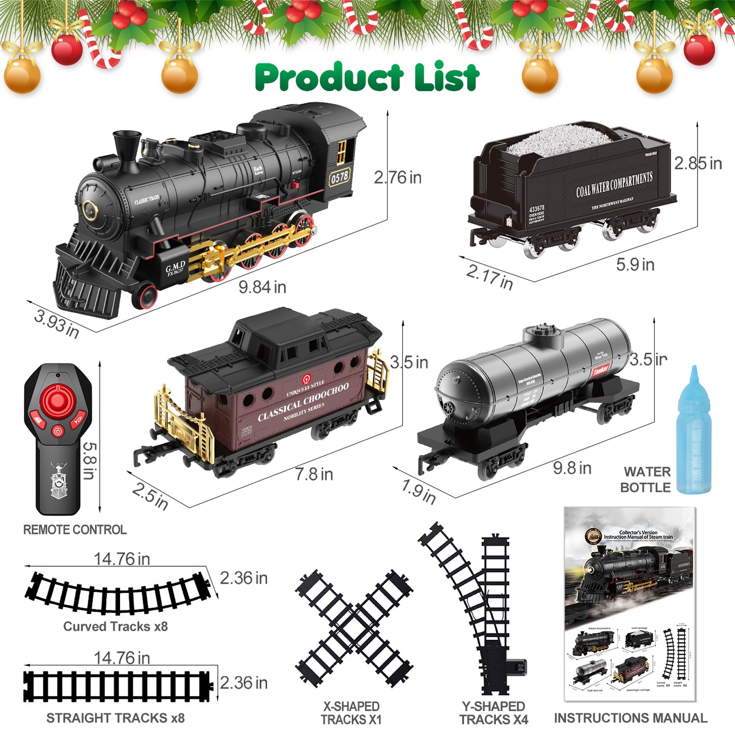 UUSUOO Train Set for Boys,Remote Control Christmas Train Sets w/Steam Locomotive,Light Passenger Cars & Tracks,Trains Toys w/Smoke,Whistle & Lights,Christmas Toys Gifts for Kids 3 +