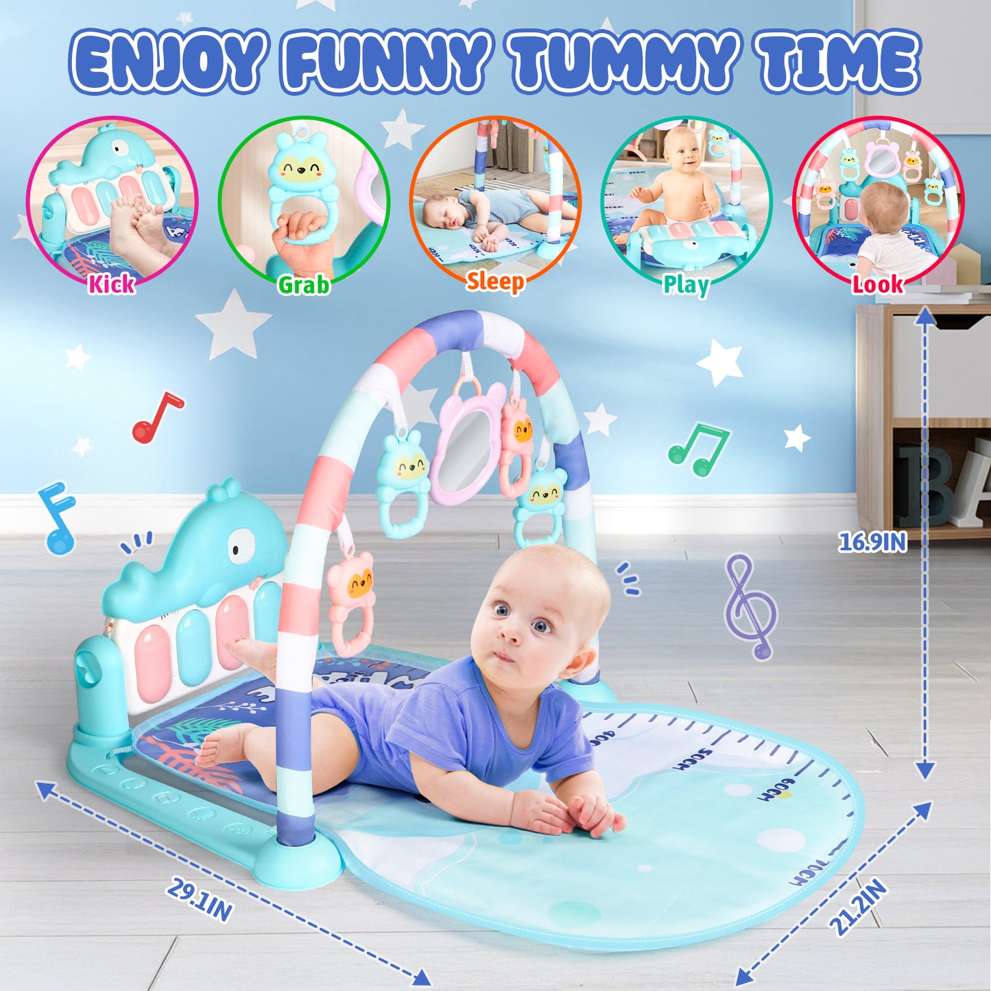UUSUOO Baby Play Mat Baby Gym,Kick and Play Piano Gym,Tummy Time Activity Mat with 5 Infant Sensory Baby Toys,Infant Toys Piano Baby Play Mat Music & Light Newborn Infant Gifts for 0-3 6 9 12 Months