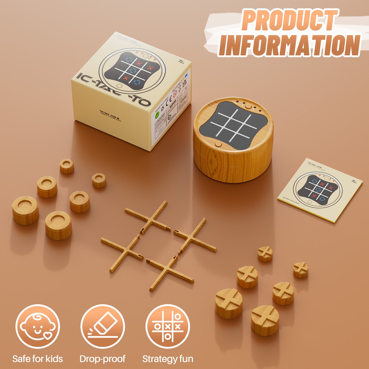 UUSUOO Tic Tac Toe Game,3-in-1 Electronic Handheld Games Console for Kids Memory Growth,Portable Puzzle Travel Games,Board Games for Kids 5-7,Christmas Birthday Gifts for Kids 3 4 5 6+,Wooden