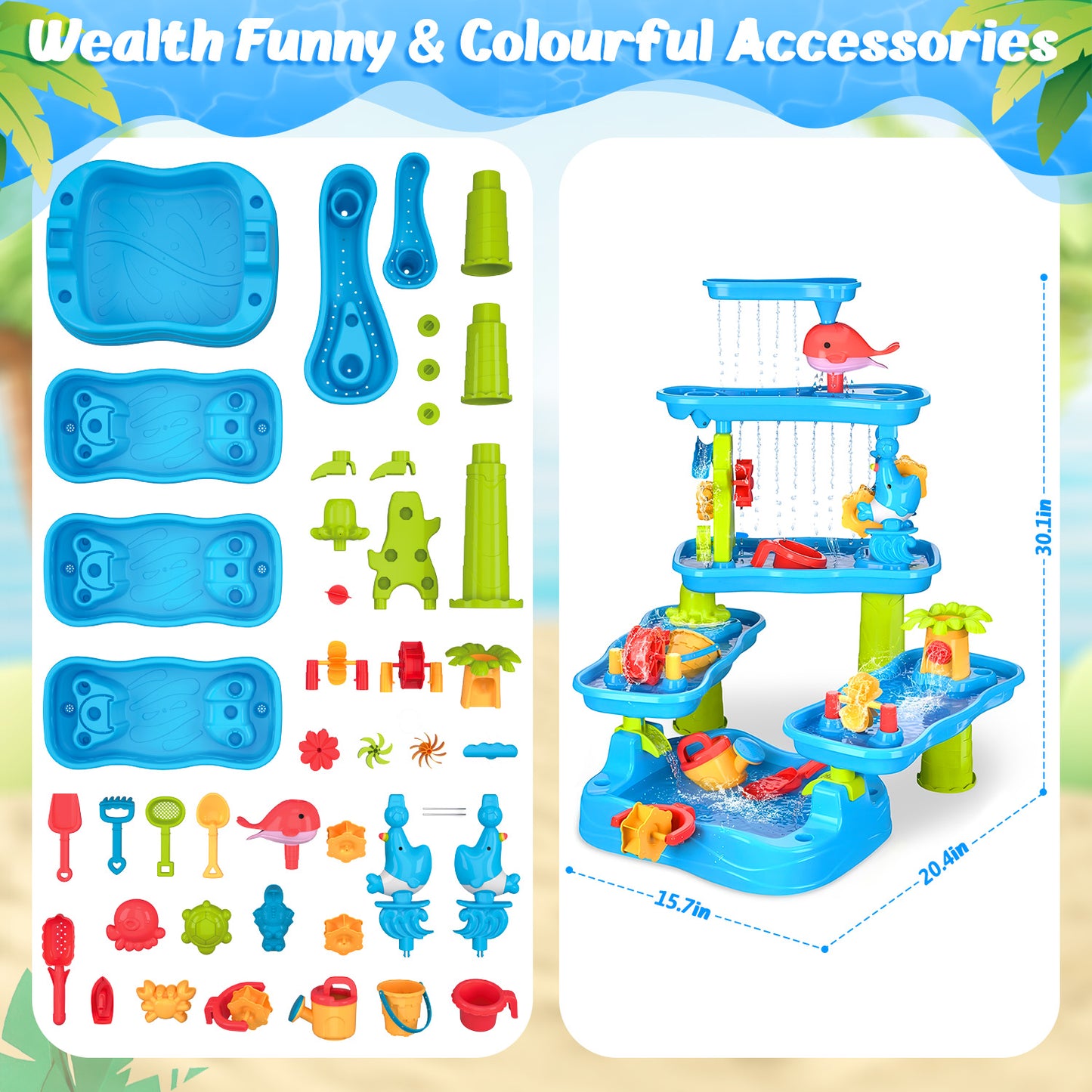 UUSUOO Water Table for Toddlers 1-3,5-Tier Kids Water Table,Rain Showers Splash Pond for Outdoor Beach Backyard Summer,Activity Sensory Sand and Water Table for Toddlers 1-3 3-5 Gift