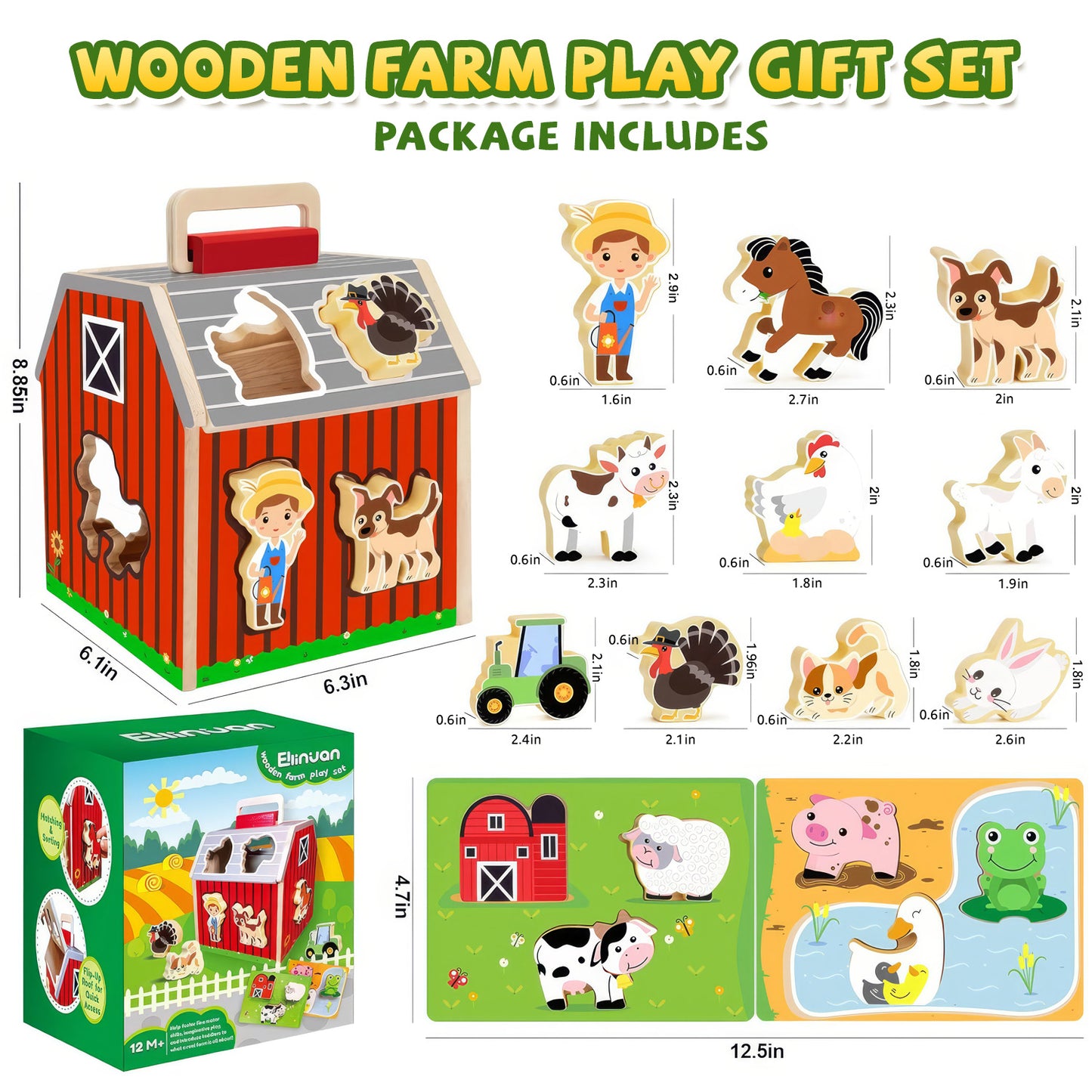 UUSUOO Farm Animals Big Barn Toys,Toddler Montessori Learning Toy for 1 Year Old,Wooden Barn Play Set with Animal Figures and DIY Stickers,Christmas Birthday Gifts for Toddlers 1-3