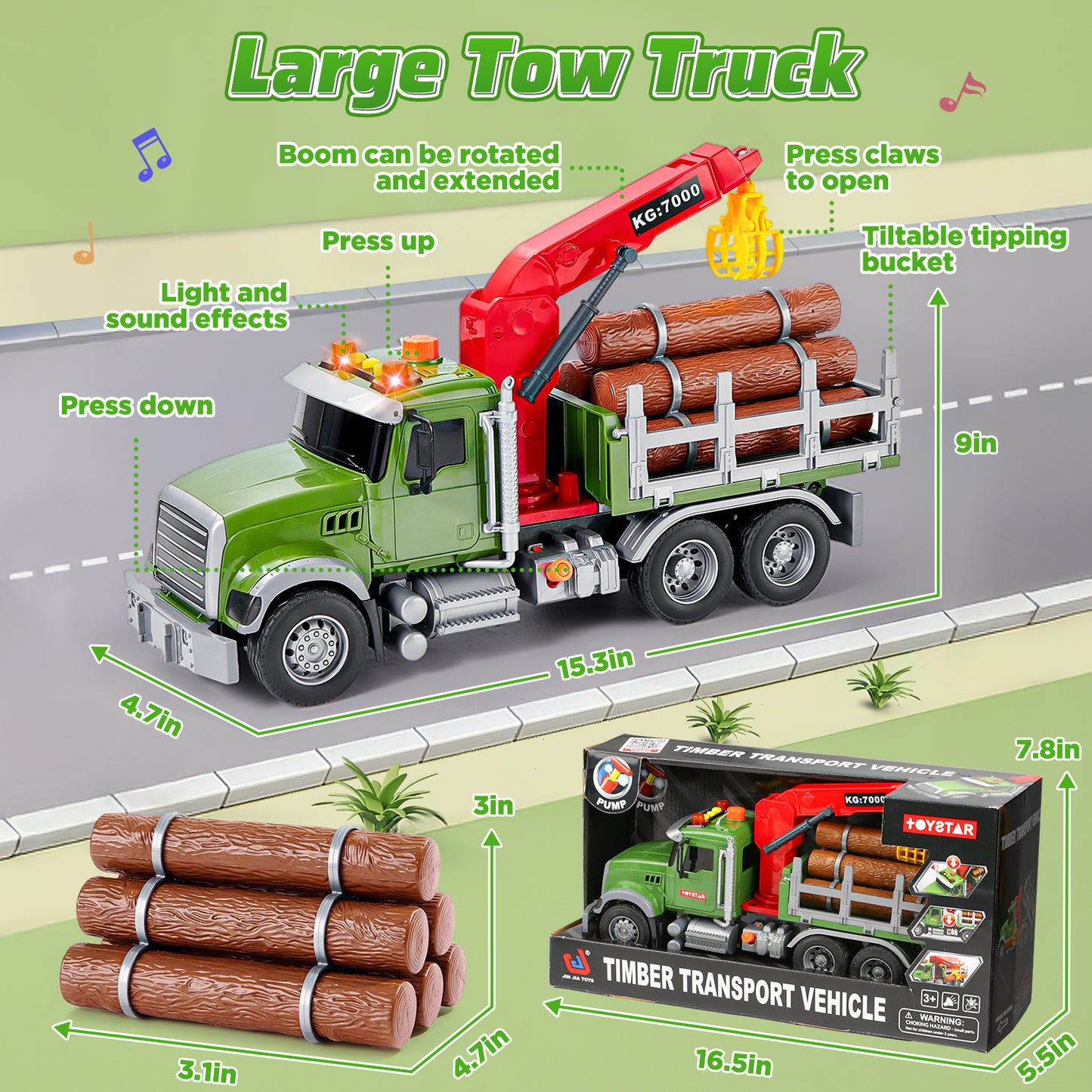 UUSUOO Toddler Trucks for Boys 3-6 Years,15" Large Boys Timber Truck with Loading Crane and 6 Trunks, Kids Truck Toys with Lights & Sounds,Christmas Birthday Gifts for 3 4 5 6 7 Boys Girls,Green