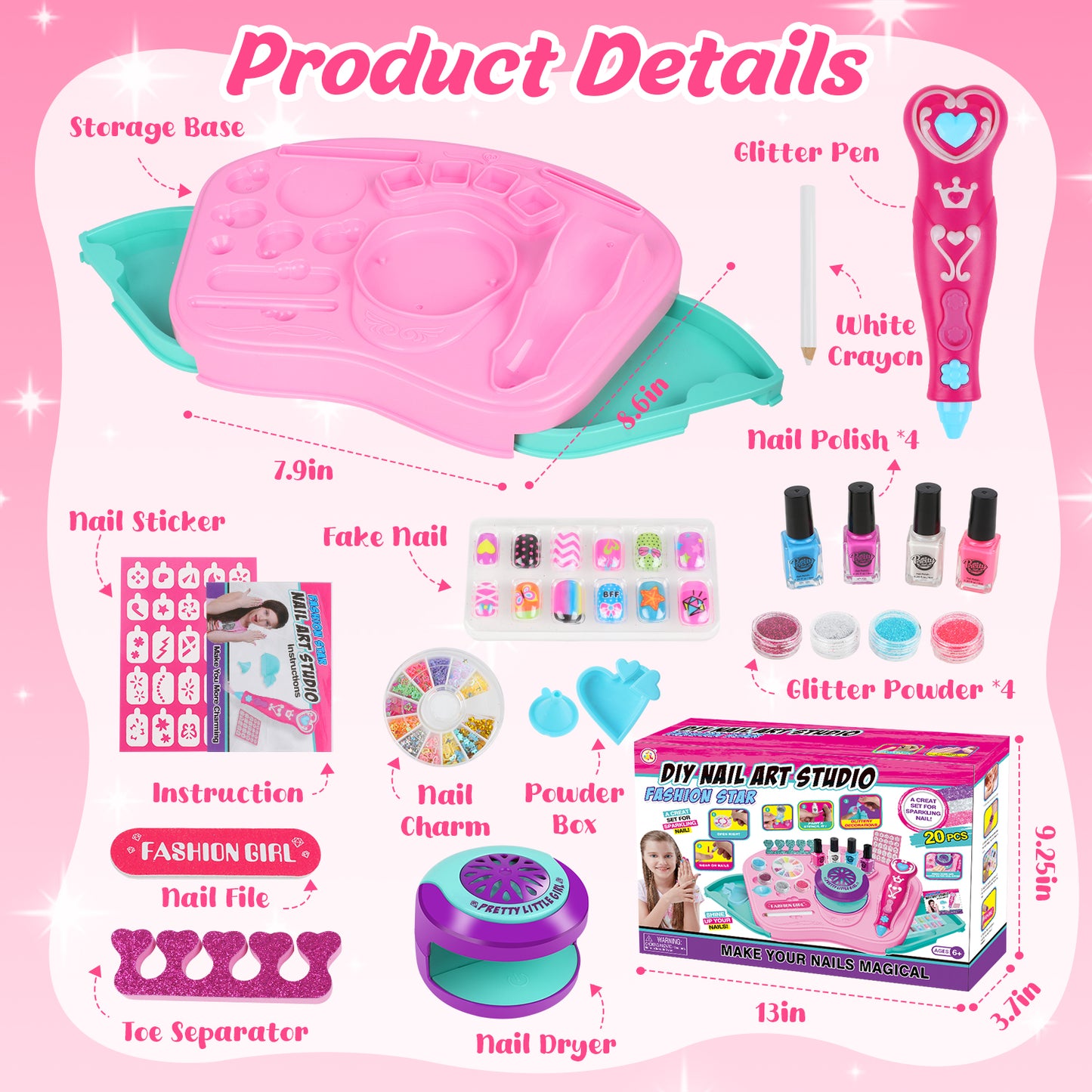 UUSUOO Kids Nail Polish Set for Girls,30Pcs Nail Art Kit with Storage Desk,Nail Dryer,Glitter Pen,Non Toxic Nail Polish,Nail Kit for Girls Ages 7-12,Girls Toys Christmas Birthday Gift for Girls 6-12