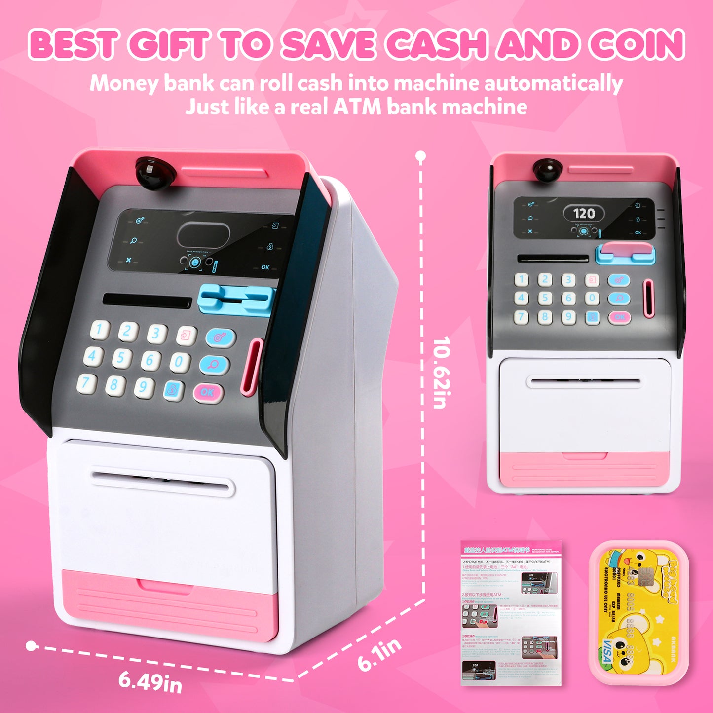 UUSUOO Electronic Piggy Bank for Kids,Mini ATM Bank for Kids with Password + Face Recognition,Auto Roll-in Cash Safe & Coin Saving Bank for Girls,Kids Piggy Bank Christmas Birthday Gifts for Kids 3+