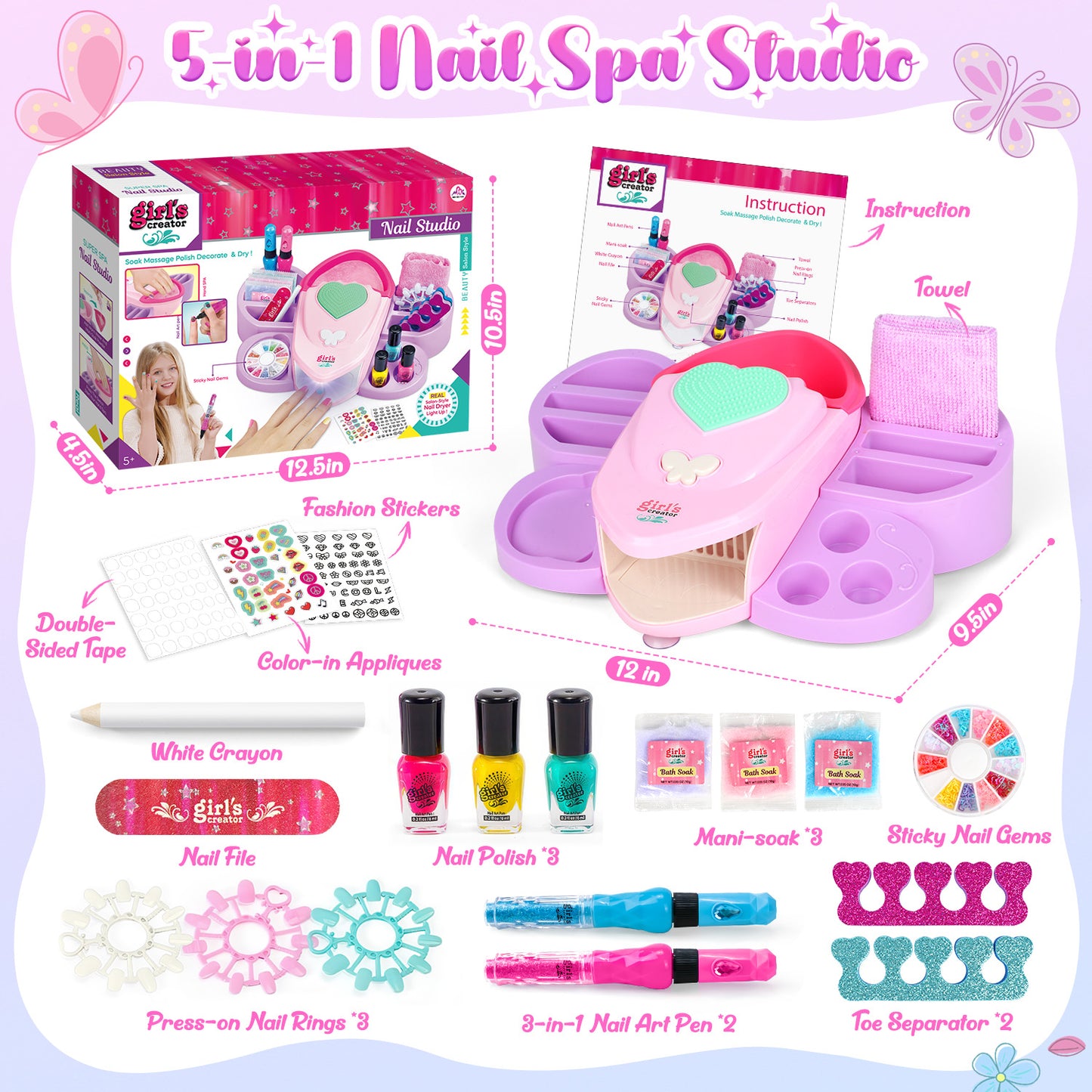 UUSUOO Kids Nail Polish Set for Girls,24Pcs Nail Art Kit with Nail Dryer,Hand Massage Spa Kit,Nail Kit for Girls Ages 7-12,Kid Manicure Set Christmas Birthday Gift for Girls Ages 7 8 9 10 11 12