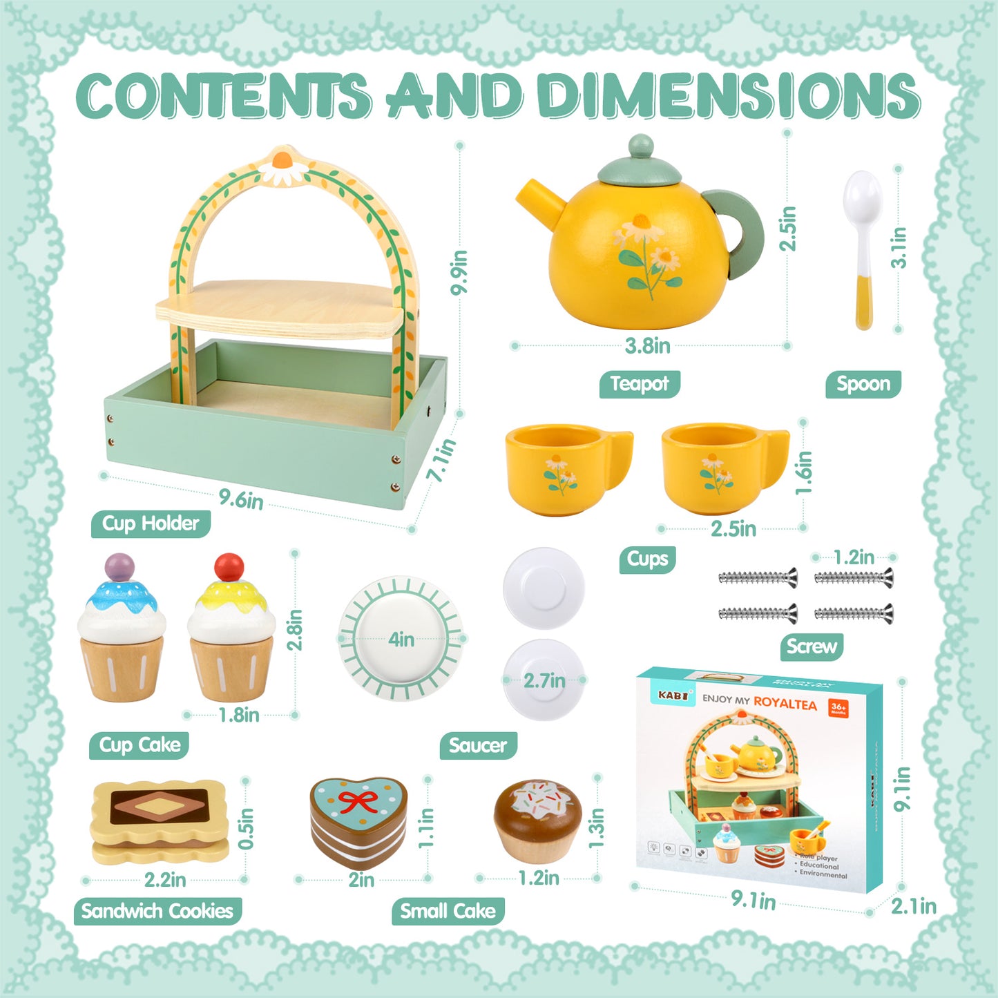 UUSUOO Wooden Tea Party Set for Girls,Pretend Play Tea Sets for Toddlers with Storage Cupcake Stand & Play Kitchen Accessories,Kids Wooden Toys for Girls,Perfect Christmas Gifts for Kids Girls 3-6