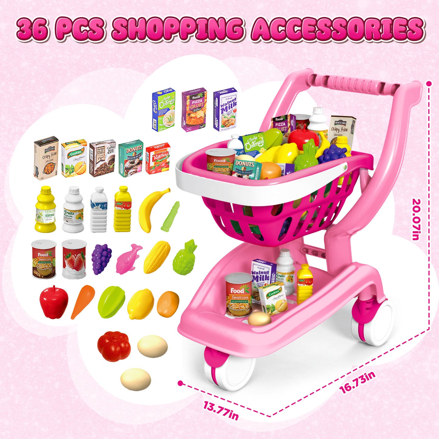 UUSUOO Kids Shopping Cart,36Pcs Toddler Shopping Cart with Play Food Fruit Vegetable and Shop Accessories,Pretend Play Grocery Store Toys for Boys Girls 3-6 ,Pink