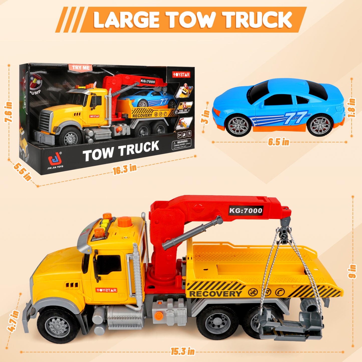 UUSUOO Toddler Trucks for Boys 3-6 Years,15" Large Tow Truck Toys,Friction Powered Transport Truck Crane Toy with Roadster, Lights and Sounds,Kids Truck Toys,Christmas Birthday Gifts for Kids,Yellow