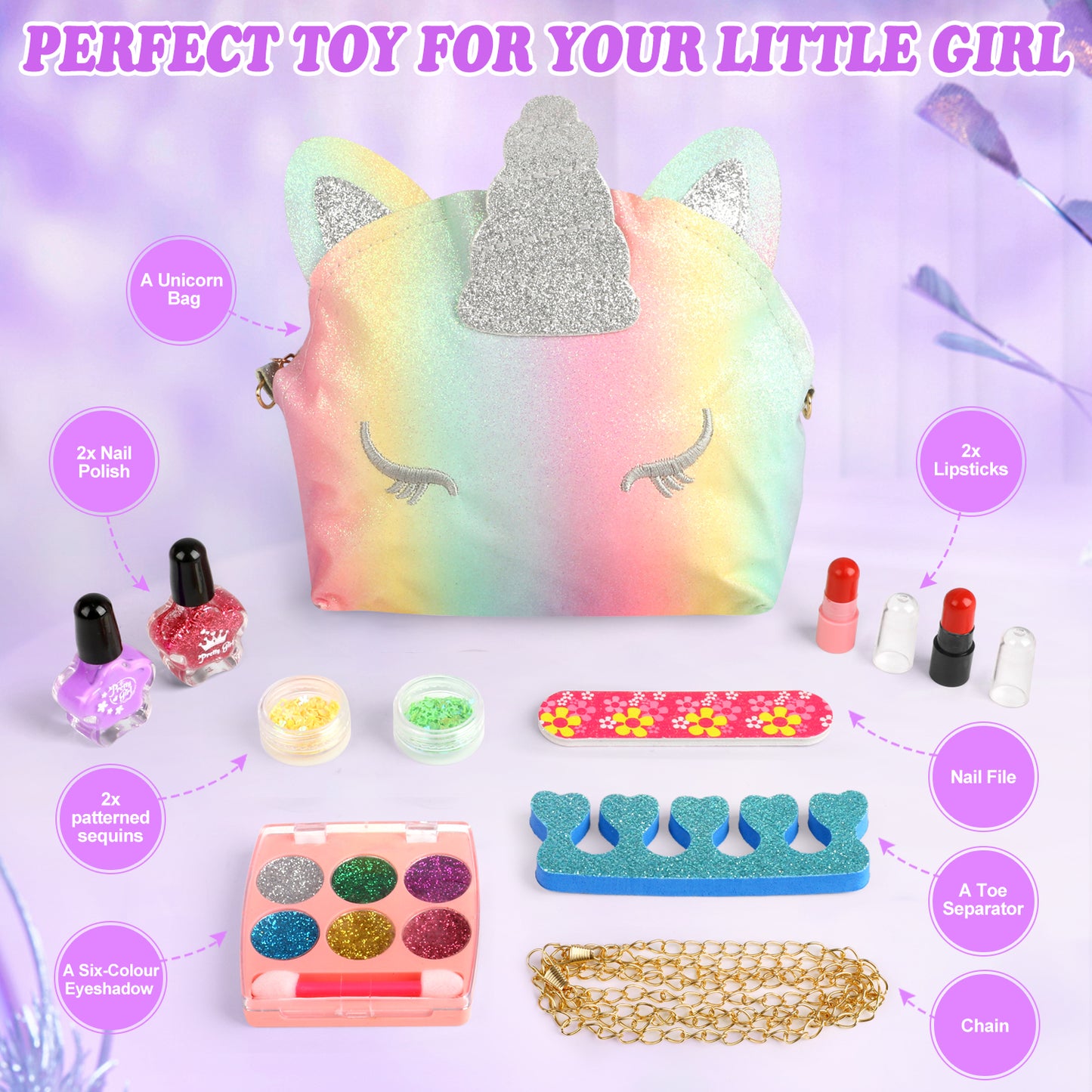 UUSUOO Kids Makeup Kit for Girl, Makeup Kit Toys for Little Girls, Washable Makeup Kit for Kids Real Makeup with Unicorn Bag, Christmas Birthday & Party Gifts for Kids 3 4 5 6 7 8 9 10