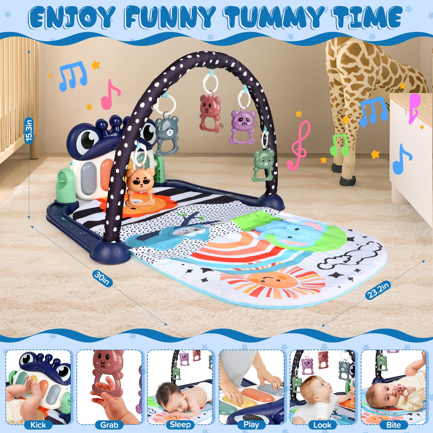 UUSUOO Baby Play Mat Baby Gym,Kick and Play Piano Gym,Musical Activity Center Tummy Time Baby Activity Mat with 5 Infant Sensory Baby Toys,Music & Light Newborn Infant Gifts for 0-3-6-9-12 Months