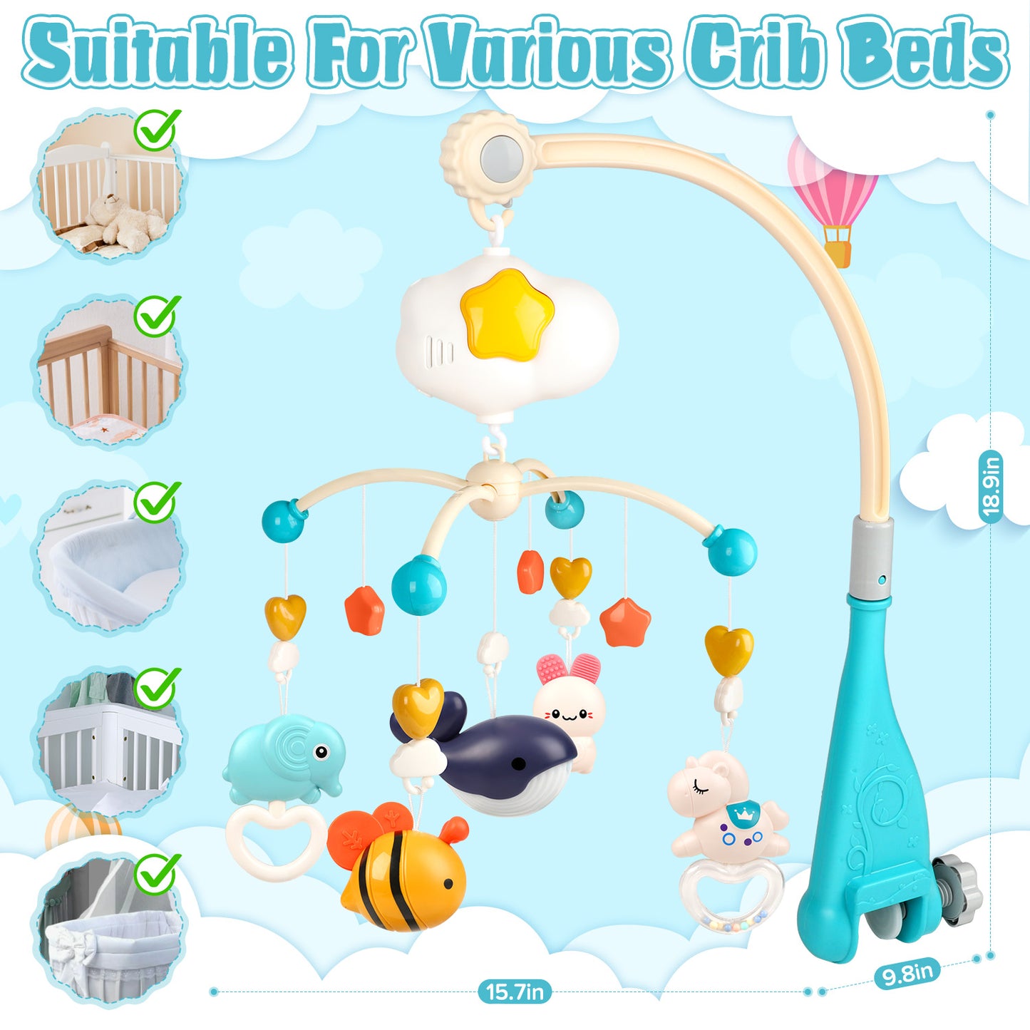 UUSUOO Baby Mobile for Crib,Baby Crib Mobile with Music and Night Lights,Mobiles for Crib with Rotation,Projection,Hanging Rotating Animals Rattles,Baby Toys 6-12 Months,Baby Crib Toys for Boys Girls