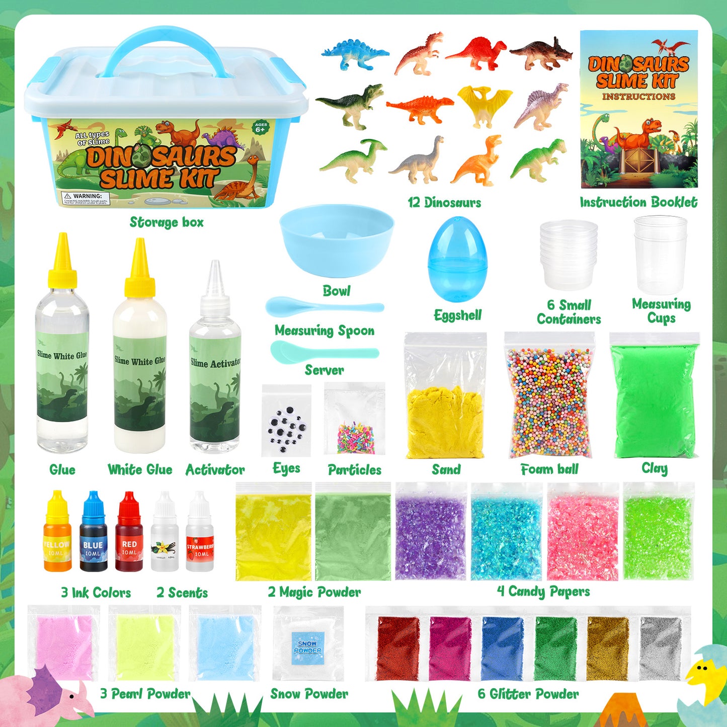 UUSUOO Dinosaur Slime Kit,Slime Making Kit for Kids,DIY Slime Kit Toys with 12 Dinosaur Toys & Awesome Add-Ins,Stress Relief Toys,Christmas Birthday Gifts for Boys Girls 6 7 8 9 10+