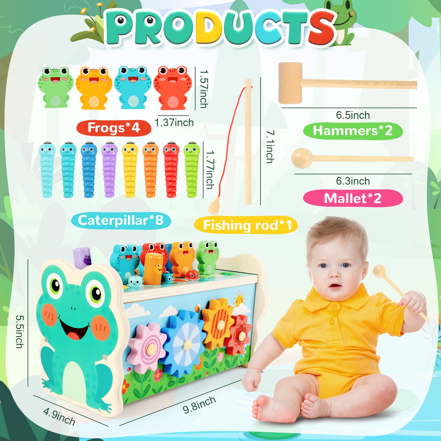 UUSUOO 6 in 1 Montessori Toys for 1 Year Old,Whack A Mole Hammering Pounding Toys with Pounding Bench,Xylophone,Frog,Wooden Baby Toys,Early Development Toys Christmas Birthday Gifts for Toddlers 1-3