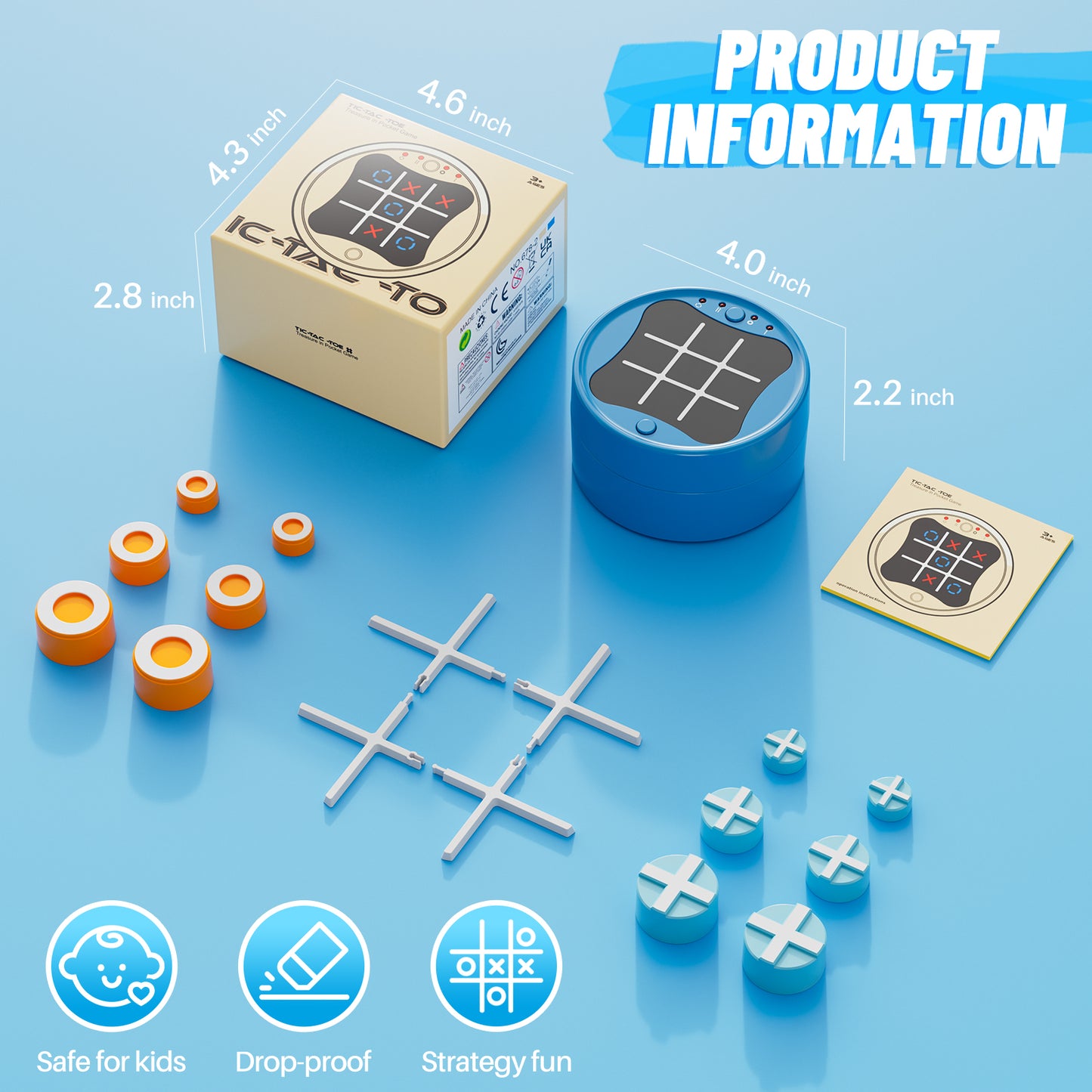 UUSUOO Tic Tac Toe Bolt Game,3-in-1 Electronic Handheld Games Console for Kids Memory Growth,Portable Puzzle Travel Games,Board Games for Kids 5-7, Christmas Birthday Gifts for Kids 3 4 5 6 +,Blue
