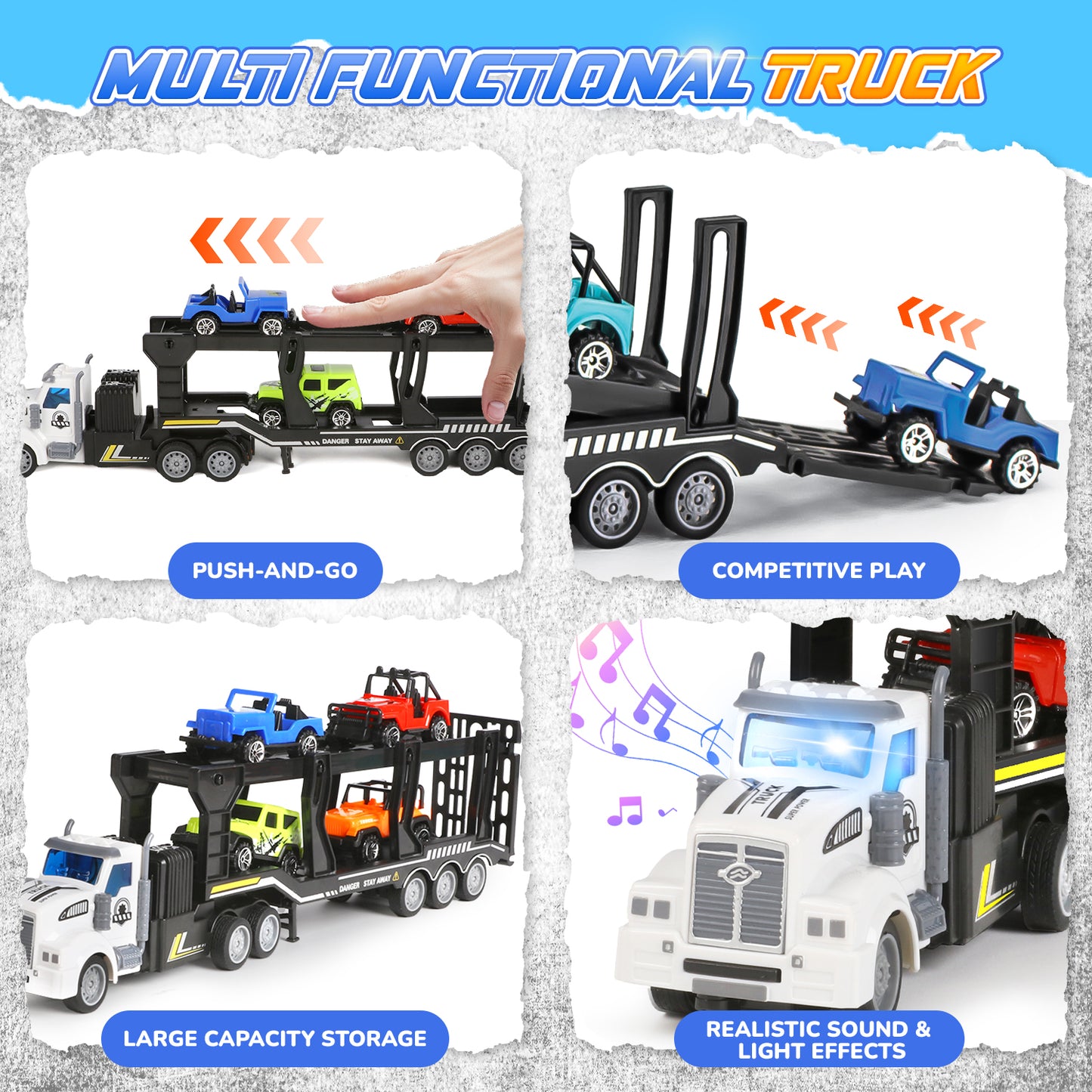 UUSUOO Truck Toys for Boys 3-6 Years,14" 1:48 Toddler Trucks Semi Truck Trailer Toys with 4 Cars,Transport Car Carrier Truck Toys with Lights & Sounds,Cars Toys Gift for Age 3 4 5 6+ Years Old Kids
