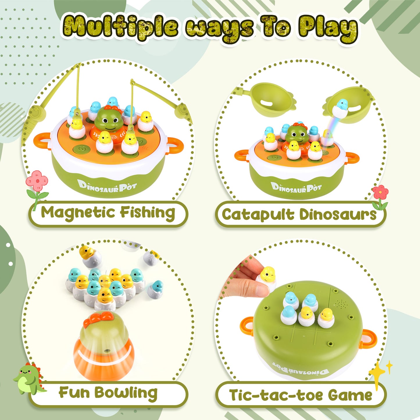 UUSUOO 4 IN 1 Dinosaur Board Games for Kids,Magnetic Fishing Turntable Rotating Music Dino Car Tic-Tac-Toe,Developmental Toys for 1 Year Old,Christmas Toys for Toddler Boys Girls 3-6