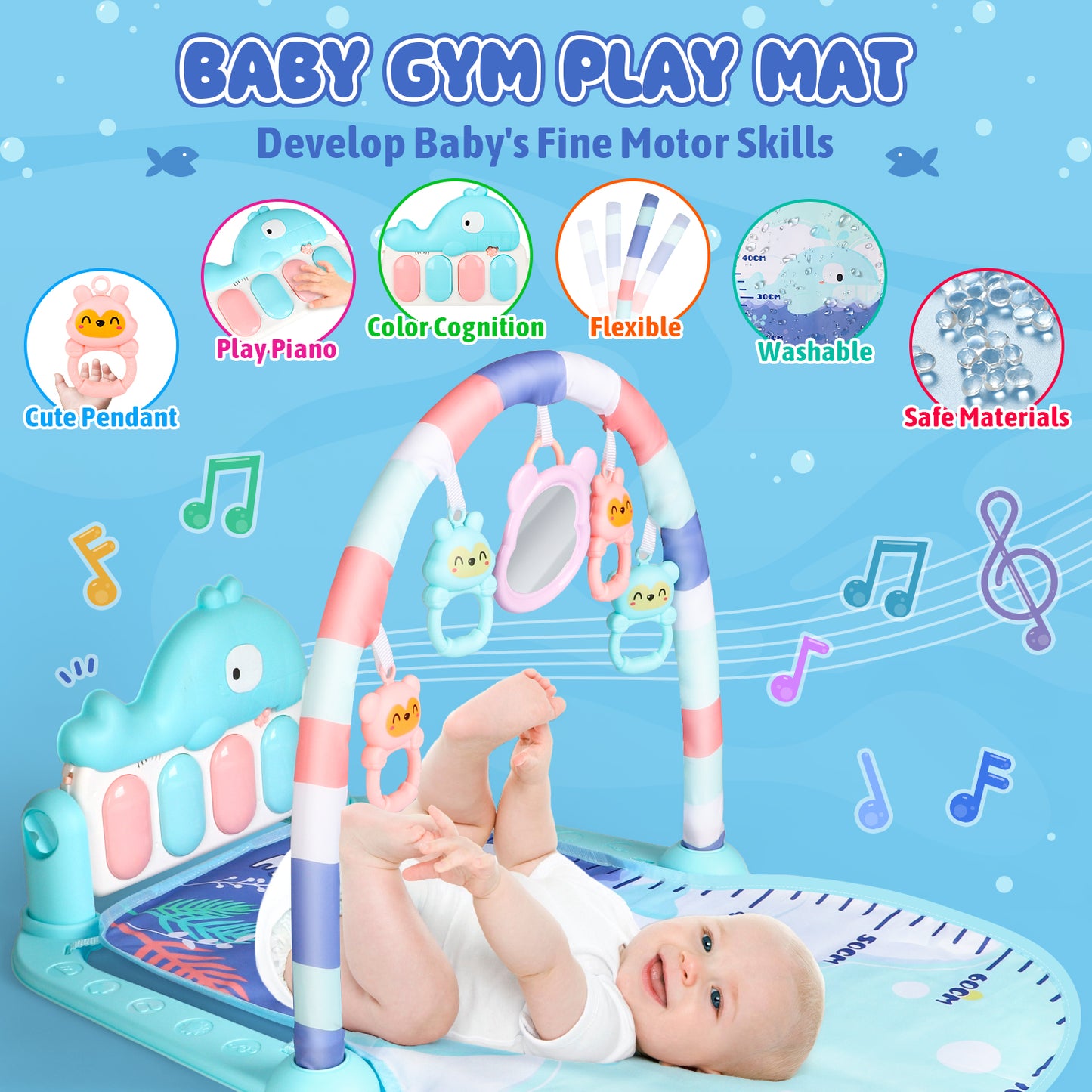 UUSUOO Baby Play Mat Baby Gym,Kick and Play Piano Gym,Tummy Time Activity Mat with 5 Infant Sensory Baby Toys,Infant Toys Piano Baby Play Mat Music & Light Newborn Infant Gifts for 0-3 6 9 12 Months