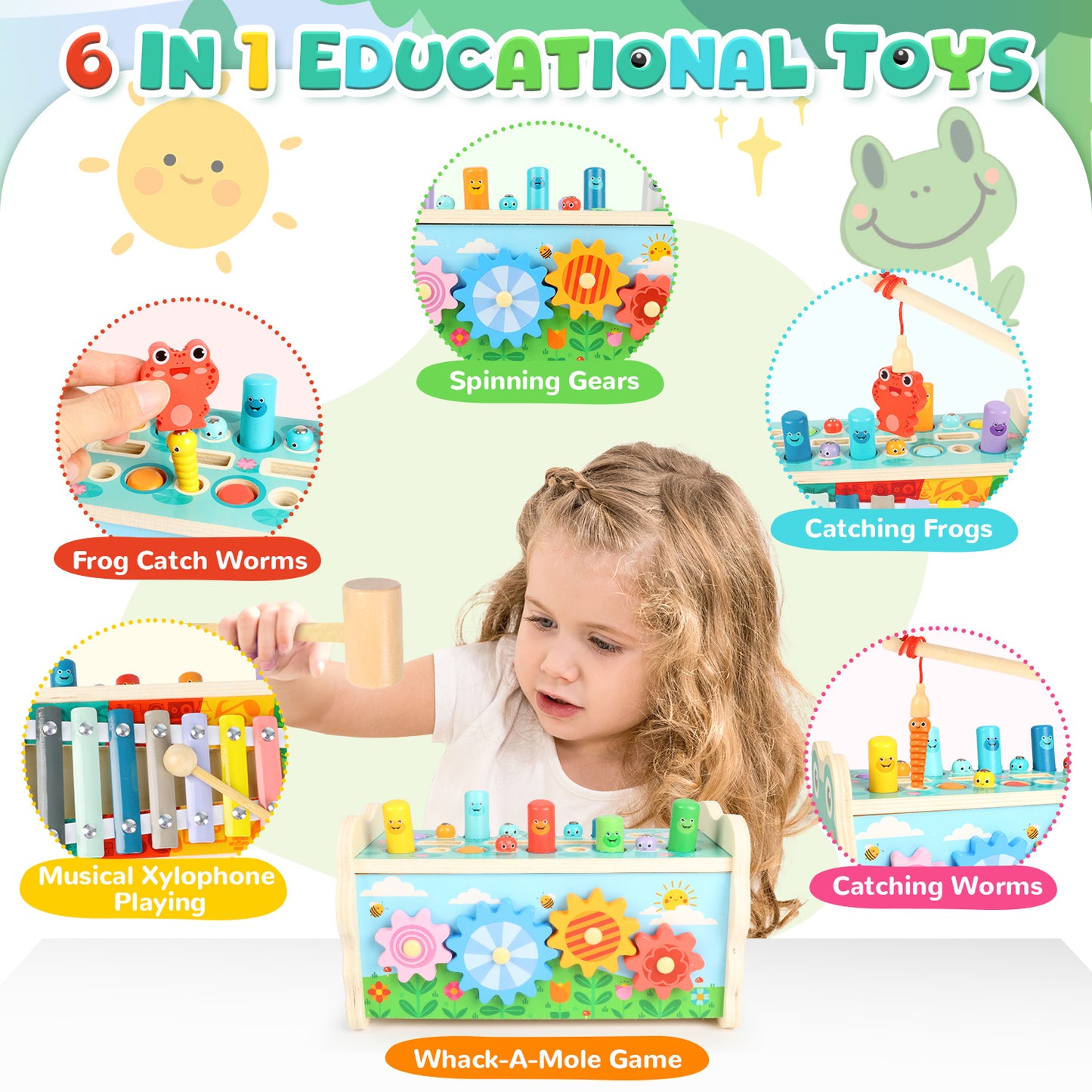 UUSUOO 6 in 1 Montessori Toys for 1 Year Old,Whack A Mole Hammering Pounding Toys with Pounding Bench,Xylophone,Frog,Wooden Baby Toys,Early Development Toys Christmas Birthday Gifts for Toddlers 1-3