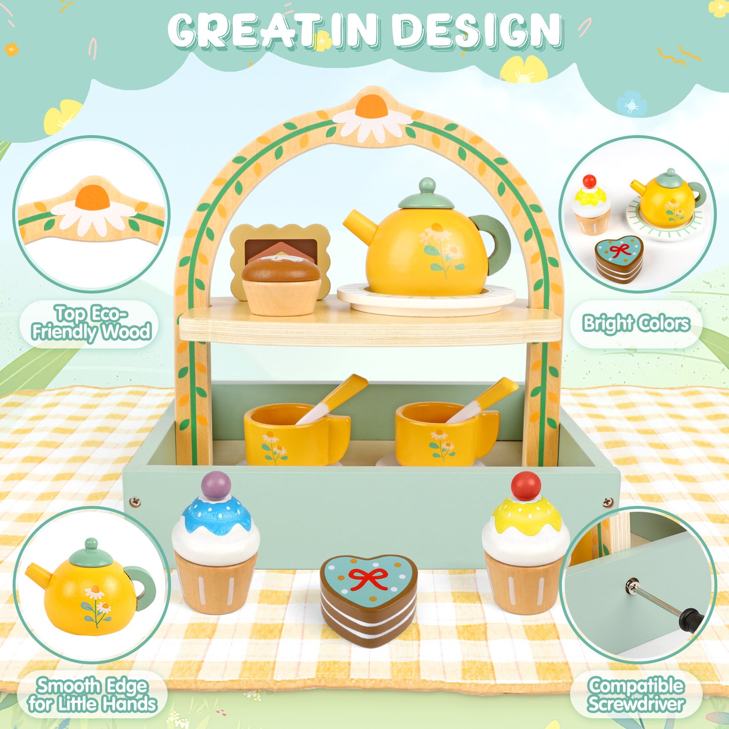 UUSUOO Wooden Tea Party Set for Girls,Pretend Play Tea Sets for Toddlers with Storage Cupcake Stand & Play Kitchen Accessories,Kids Wooden Toys for Girls,Perfect Christmas Gifts for Kids Girls 3-6