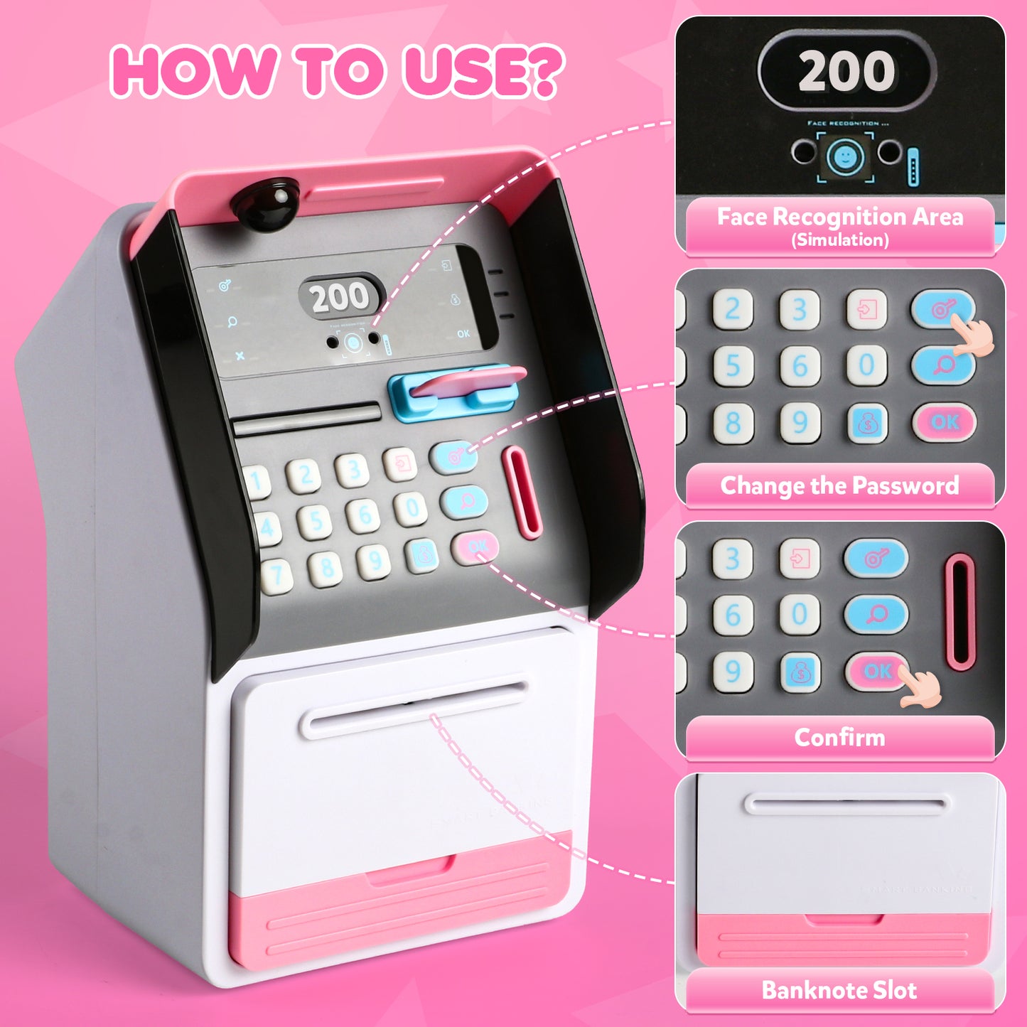 UUSUOO Electronic Piggy Bank for Kids,Mini ATM Bank for Kids with Password + Face Recognition,Auto Roll-in Cash Safe & Coin Saving Bank for Girls,Kids Piggy Bank Christmas Birthday Gifts for Kids 3+