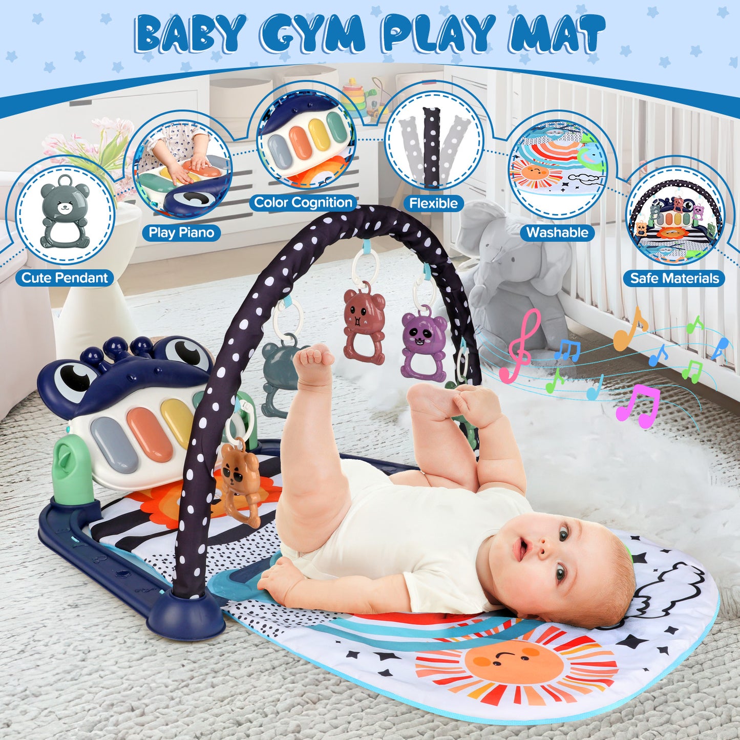 UUSUOO Baby Play Mat Baby Gym,Kick and Play Piano Gym,Musical Activity Center Tummy Time Baby Activity Mat with 5 Infant Sensory Baby Toys,Music & Light Newborn Infant Gifts for 0-3-6-9-12 Months