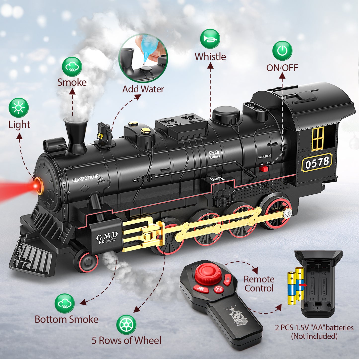 UUSUOO Train Set for Boys,Remote Control Christmas Train Sets w/Steam Locomotive,Light Passenger Cars & Tracks,Trains Toys w/Smoke,Whistle & Lights,Christmas Toys Gifts for Kids 3 +