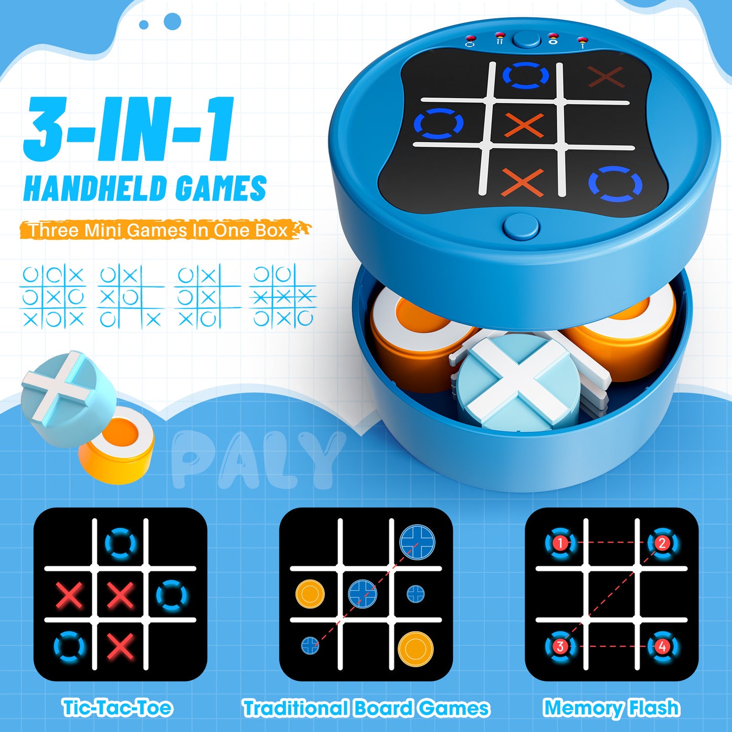UUSUOO Tic Tac Toe Bolt Game,3-in-1 Electronic Handheld Games Console for Kids Memory Growth,Portable Puzzle Travel Games,Board Games for Kids 5-7, Christmas Birthday Gifts for Kids 3 4 5 6 +,Blue