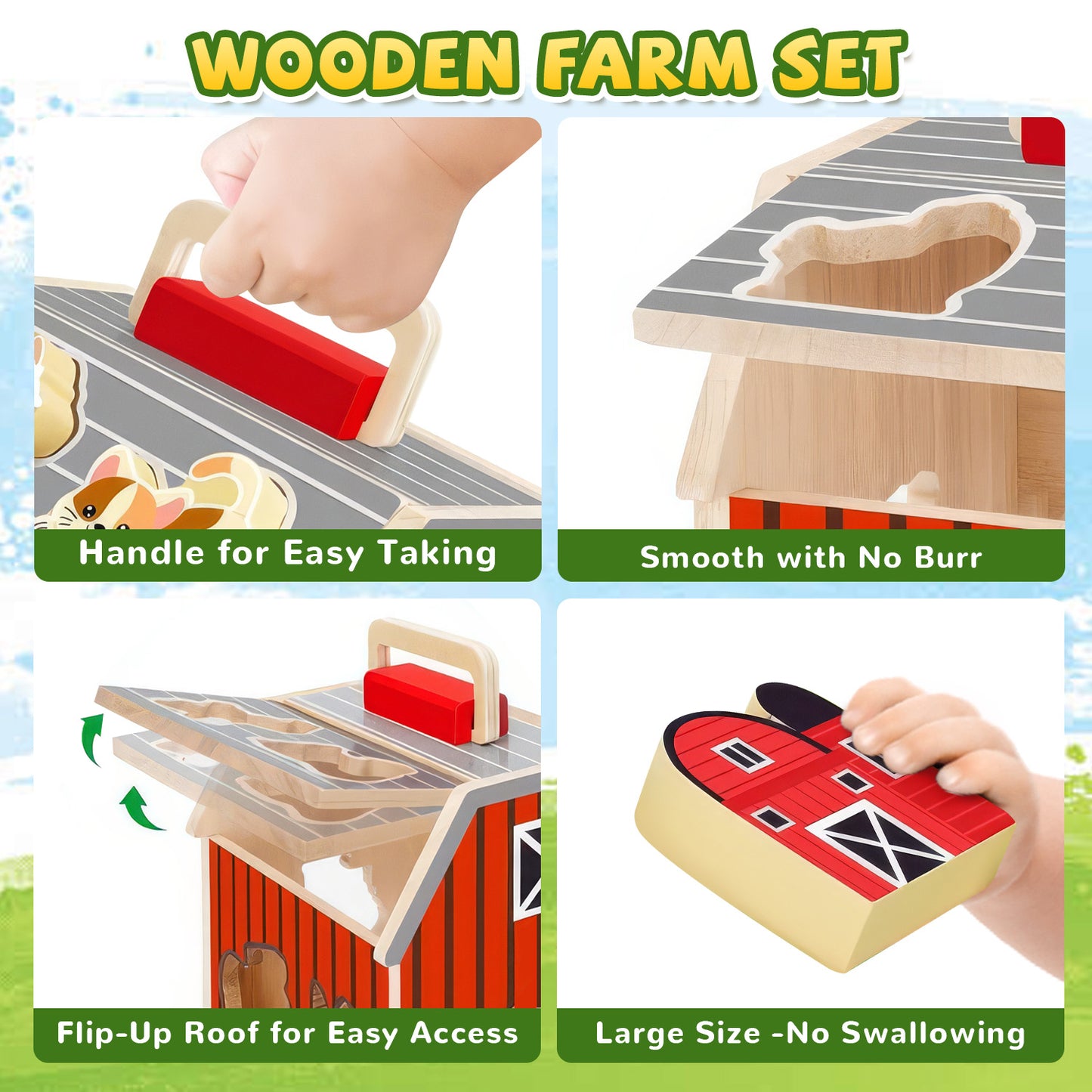 UUSUOO Farm Animals Big Barn Toys,Toddler Montessori Learning Toy for 1 Year Old,Wooden Barn Play Set with Animal Figures and DIY Stickers,Christmas Birthday Gifts for Toddlers 1-3