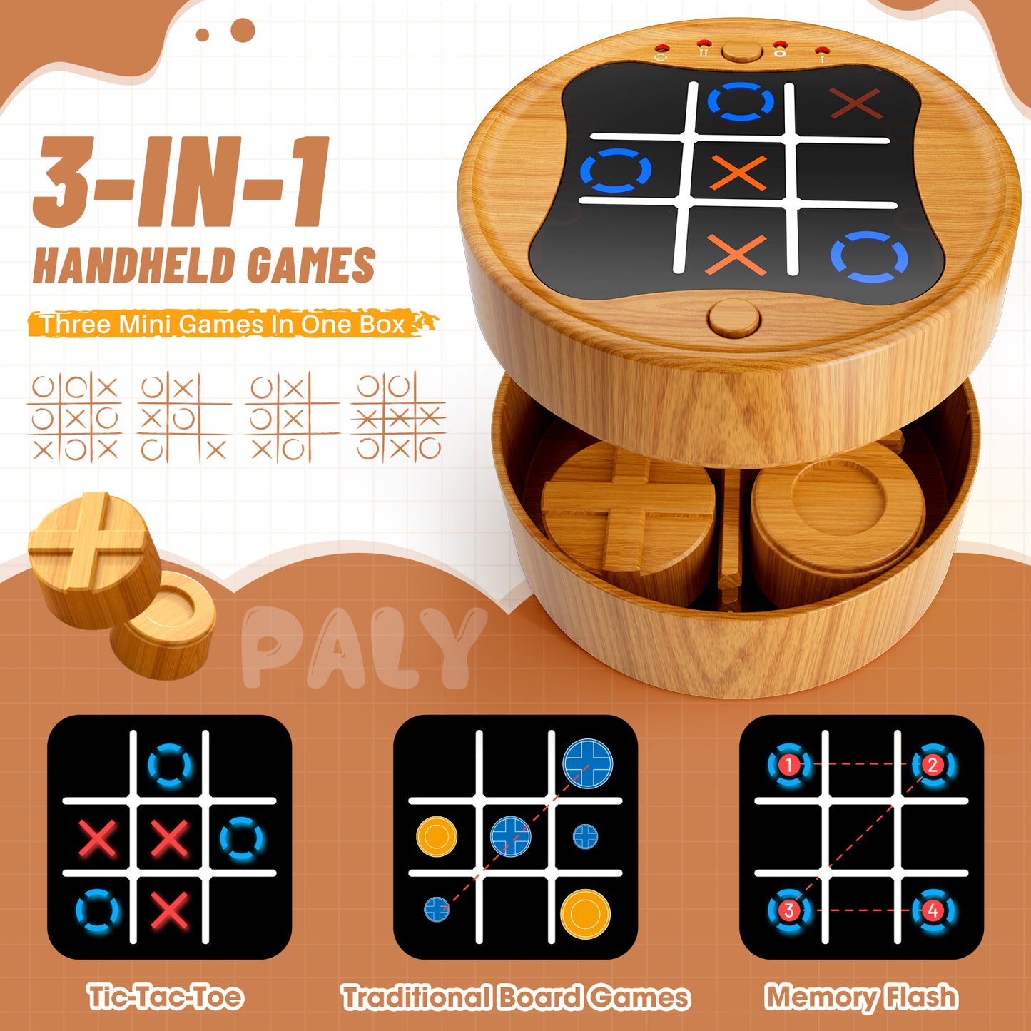 UUSUOO Tic Tac Toe Game,3-in-1 Electronic Handheld Games Console for Kids Memory Growth,Portable Puzzle Travel Games,Board Games for Kids 5-7,Christmas Birthday Gifts for Kids 3 4 5 6+,Wooden