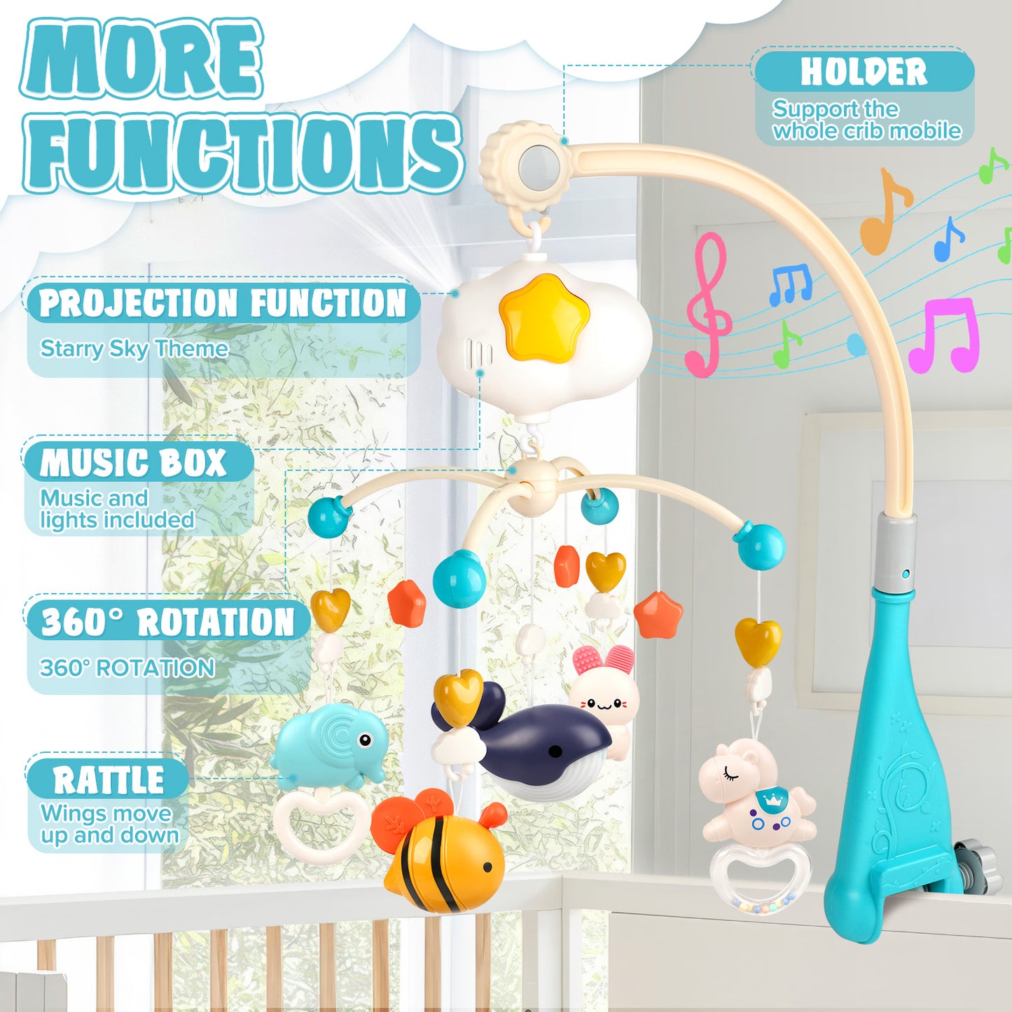 UUSUOO Baby Mobile for Crib,Baby Crib Mobile with Music and Night Lights,Mobiles for Crib with Rotation,Projection,Hanging Rotating Animals Rattles,Baby Toys 6-12 Months,Baby Crib Toys for Boys Girls